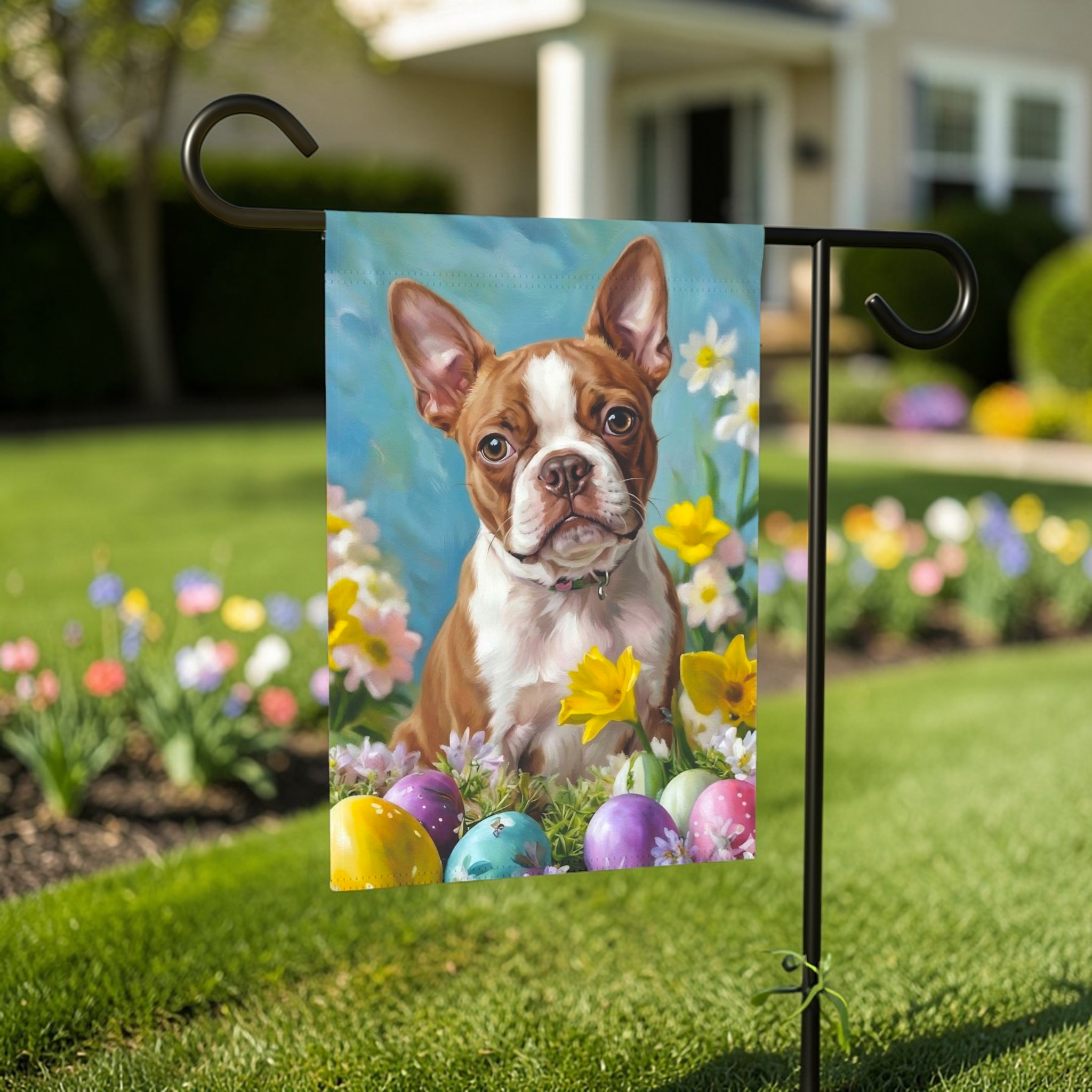 Red Boston Terrier Flowers and Easter Eggs Garden Flag