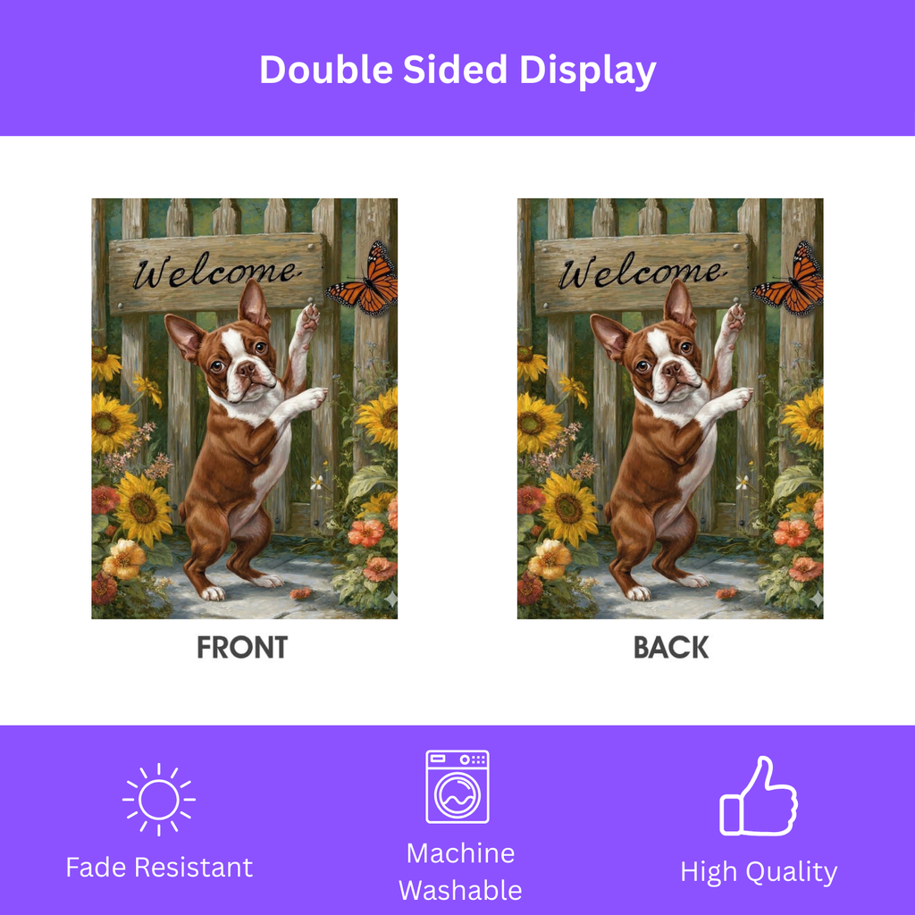 Red Boston Terrier Butterfly Welcome Garden Flag - double-sided design - Dragonfire Gardens