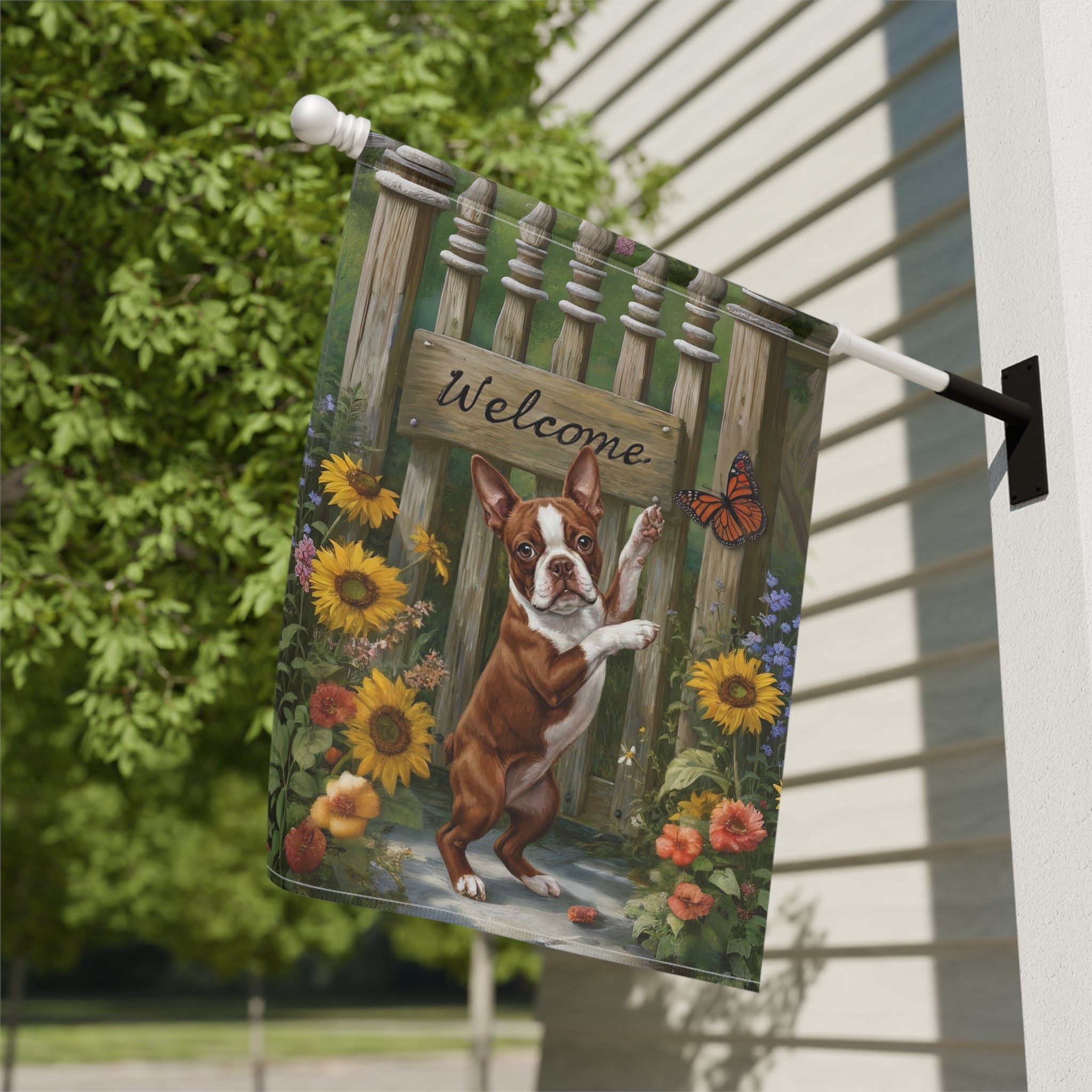 Red Boston Terrier Butterfly Welcome Garden Flag - close-up detail - Dragonfire Gardens