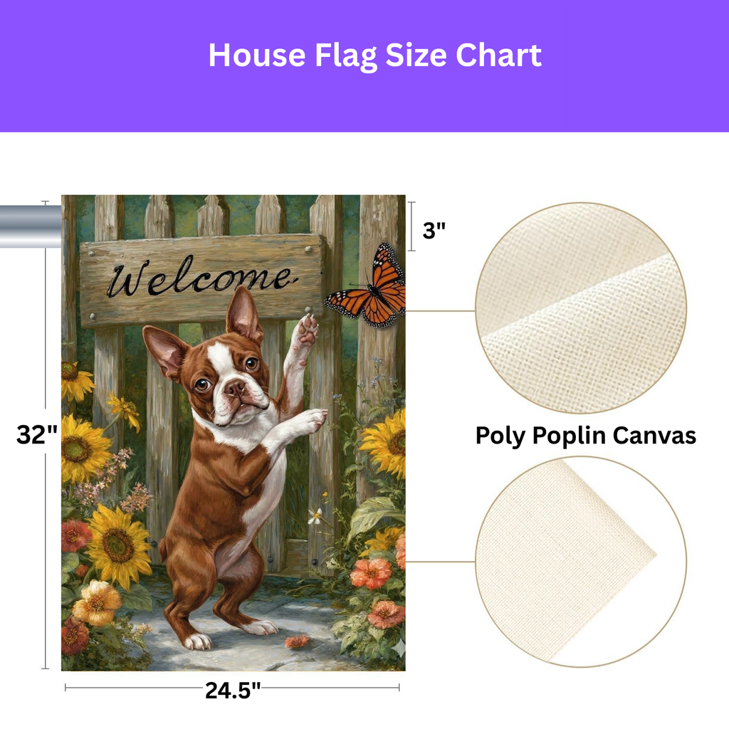 Red Boston Terrier Butterfly Welcome Garden Flag - size comparison - Dragonfire Gardens