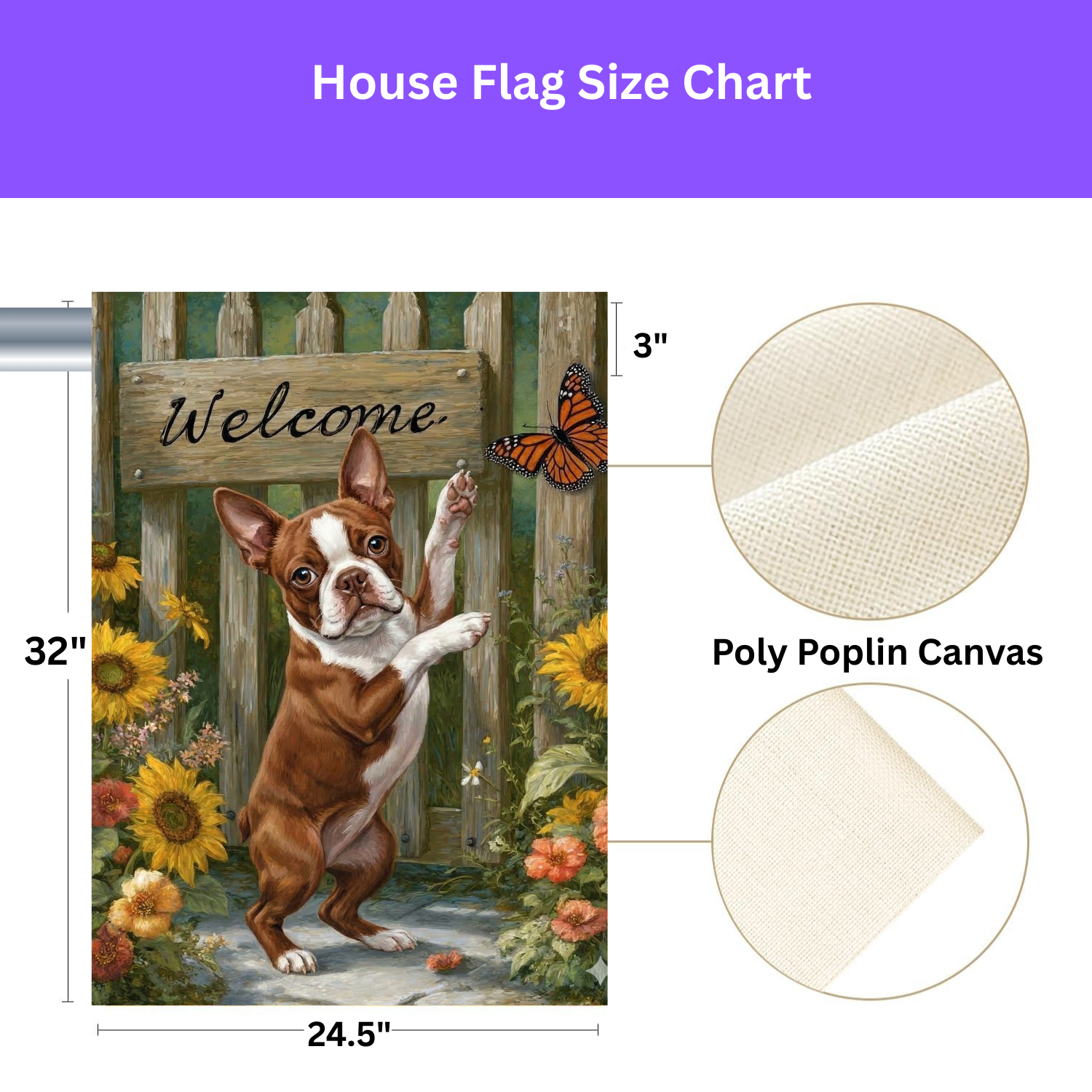 Red Boston Terrier Butterfly Welcome Garden Flag - size comparison - Dragonfire Gardens