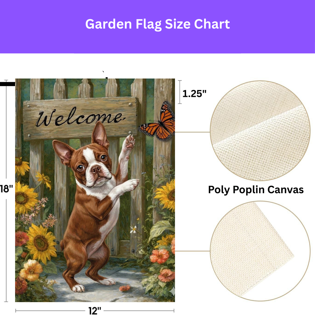 Red Boston Terrier Butterfly Welcome Garden Flag - porch decor - Dragonfire Gardens