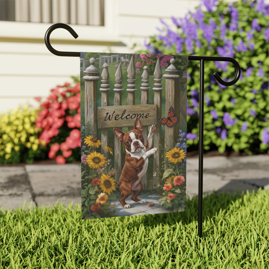 Red Boston Terrier Butterfly Welcome Garden Flag - outdoor display - Dragonfire Gardens