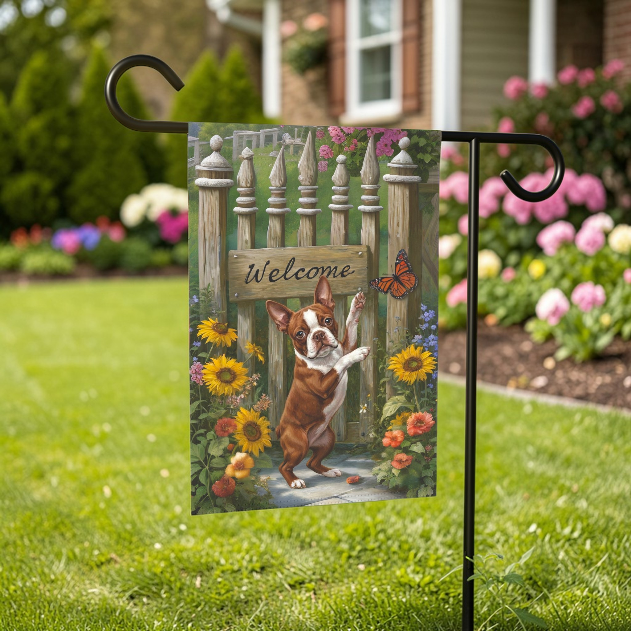 Red Boston Terrier Butterfly Welcome Garden Flag - yard display - Dragonfire Gardens