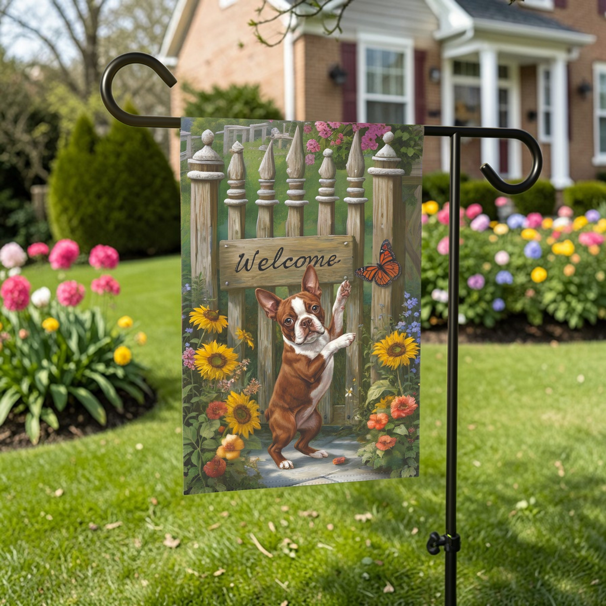 Red Boston Terrier Butterfly Welcome Garden Flag - front view - Dragonfire Gardens