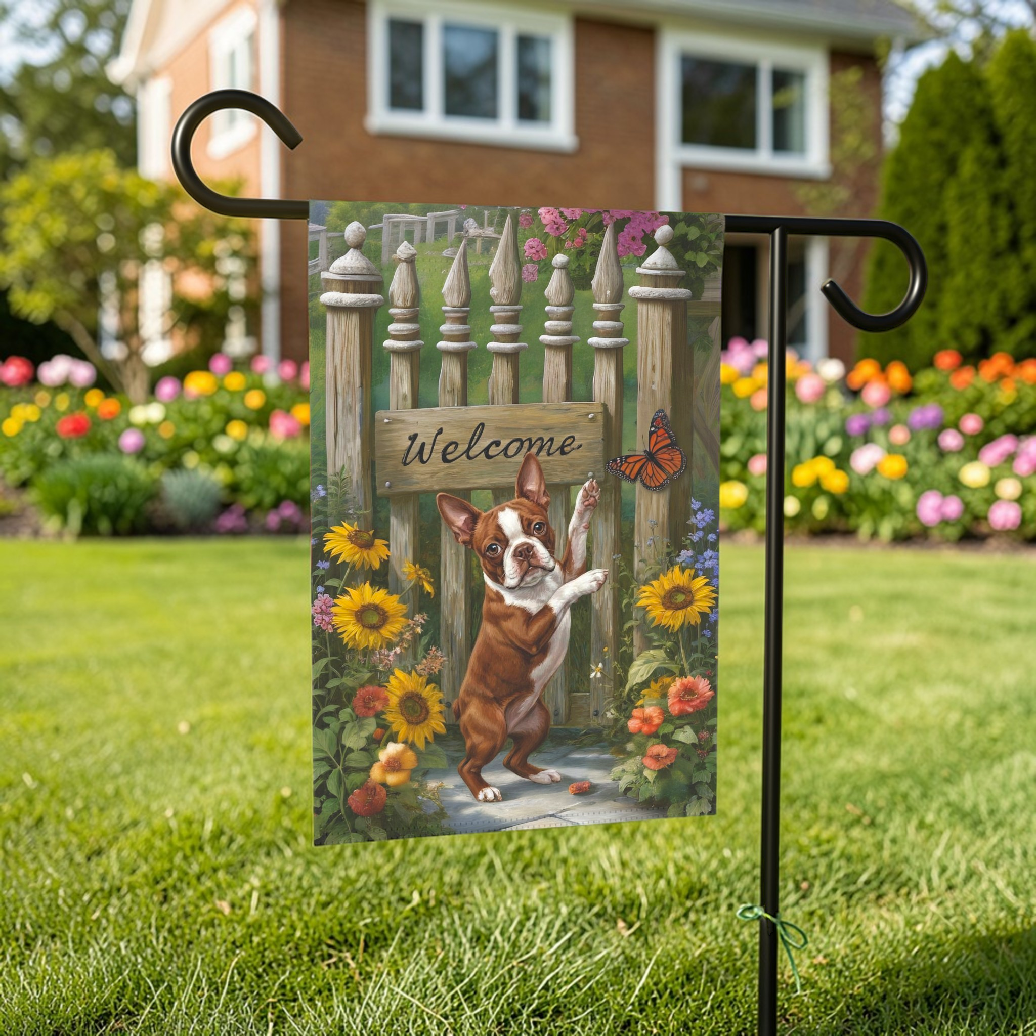 Red Boston Terrier Butterfly Welcome Garden Flag - lifestyle display - Dragonfire Gardens