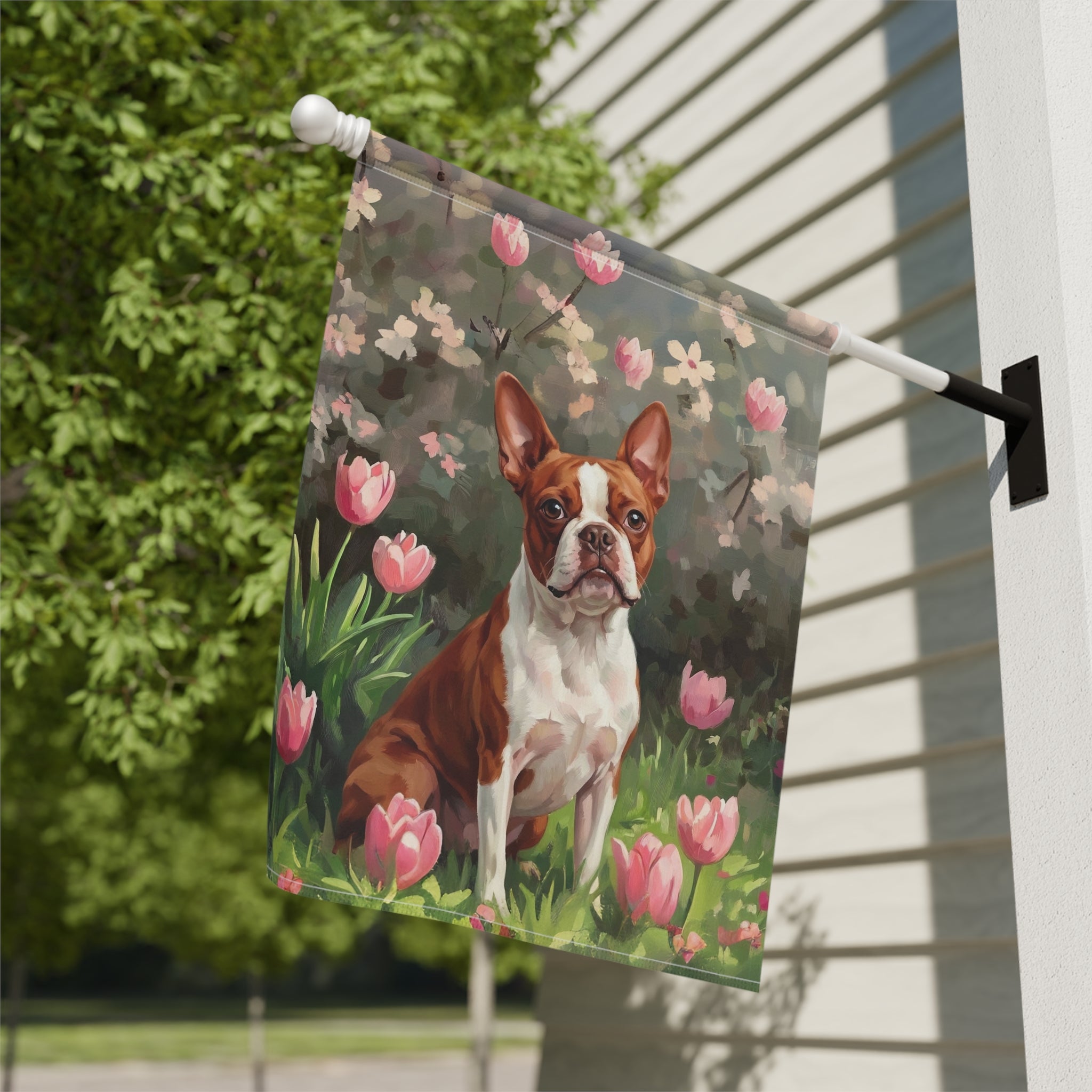 Red Boston Terrier and Pink Tulips Spring Garden Flag - close-up detail - Dragonfire Gardens
