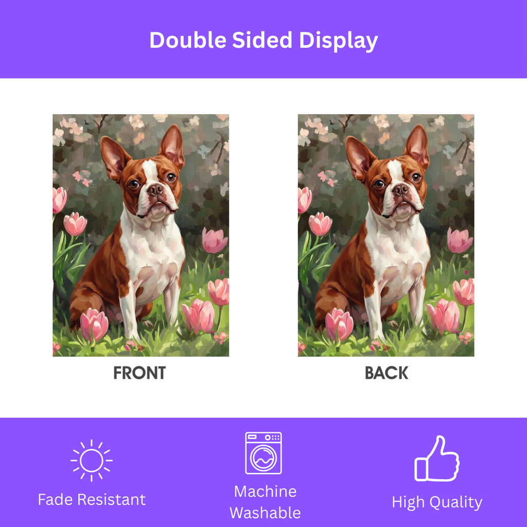 Red Boston Terrier and Pink Tulips Spring Garden Flag - size comparison - Dragonfire Gardens
