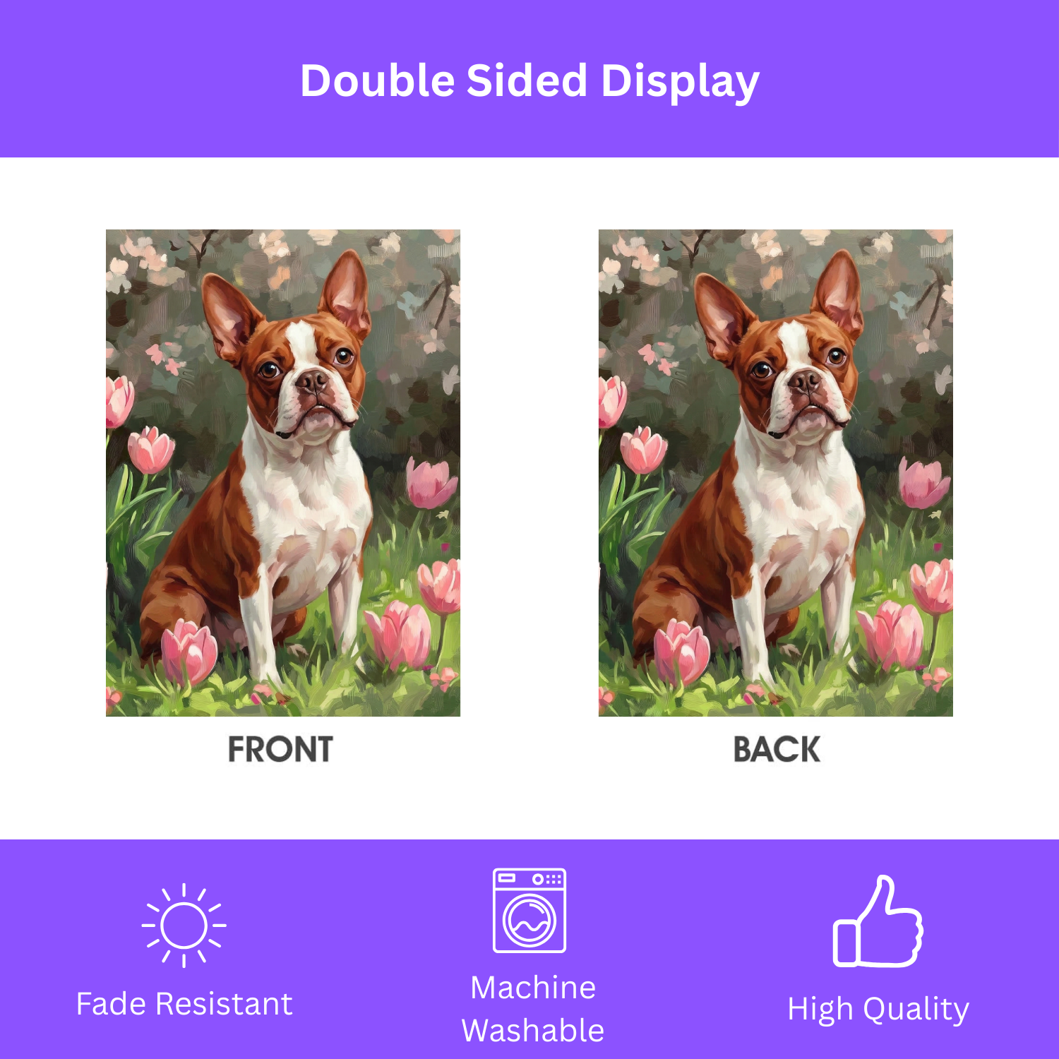 Red Boston Terrier and Pink Tulips Spring Garden Flag - size comparison - Dragonfire Gardens