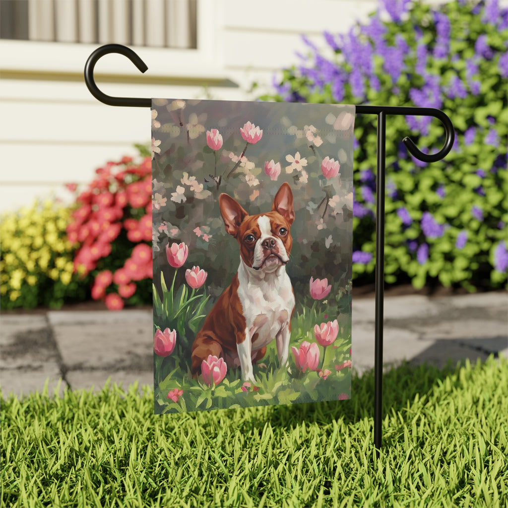 Red Boston Terrier and Pink Tulips Spring Garden Flag - outdoor display - Dragonfire Gardens
