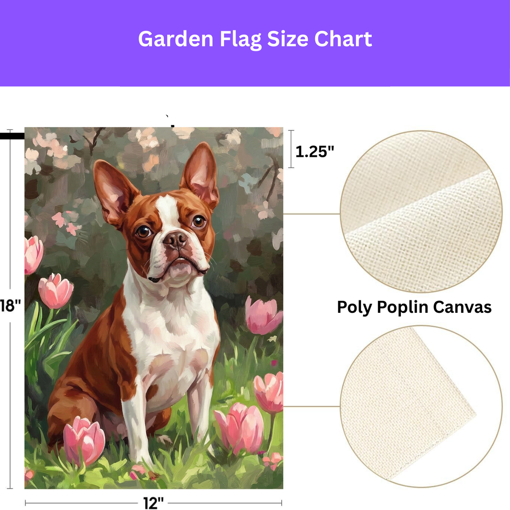 Red Boston Terrier and Pink Tulips Spring Garden Flag - lifestyle display - Dragonfire Gardens