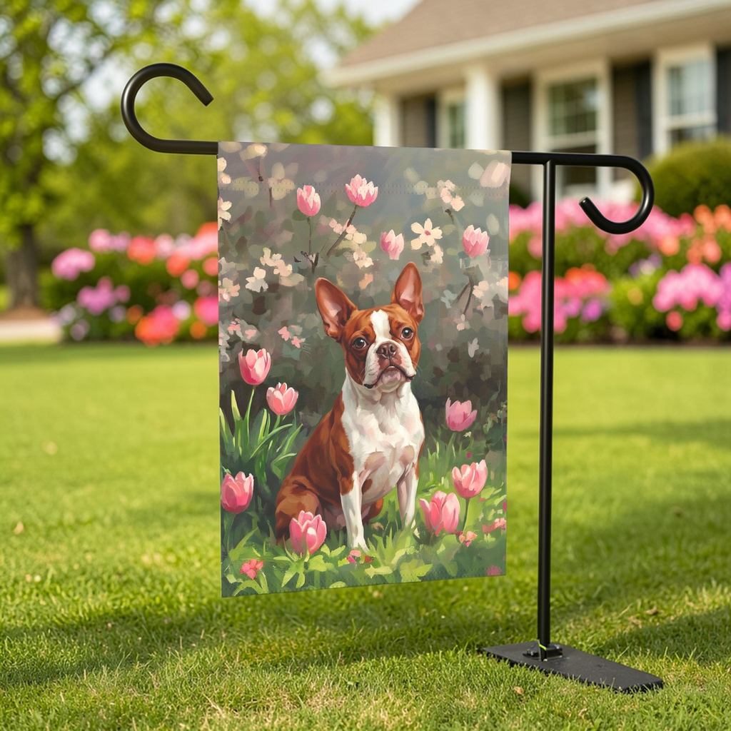 Red Boston Terrier and Pink Tulips Spring Garden Flag - porch decor - Dragonfire Gardens