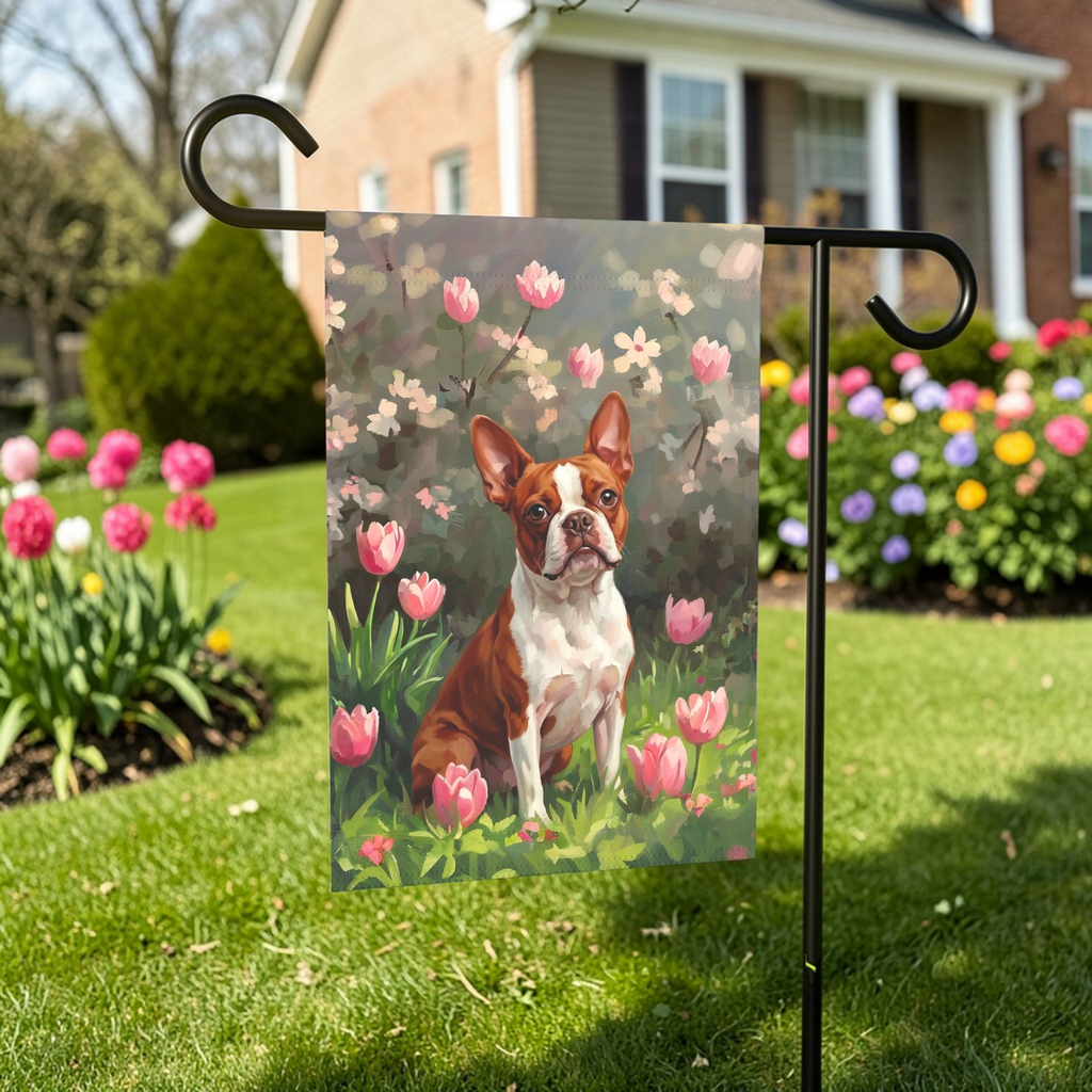 Red Boston Terrier and Pink Tulips Spring Garden Flag - front view - Dragonfire Gardens