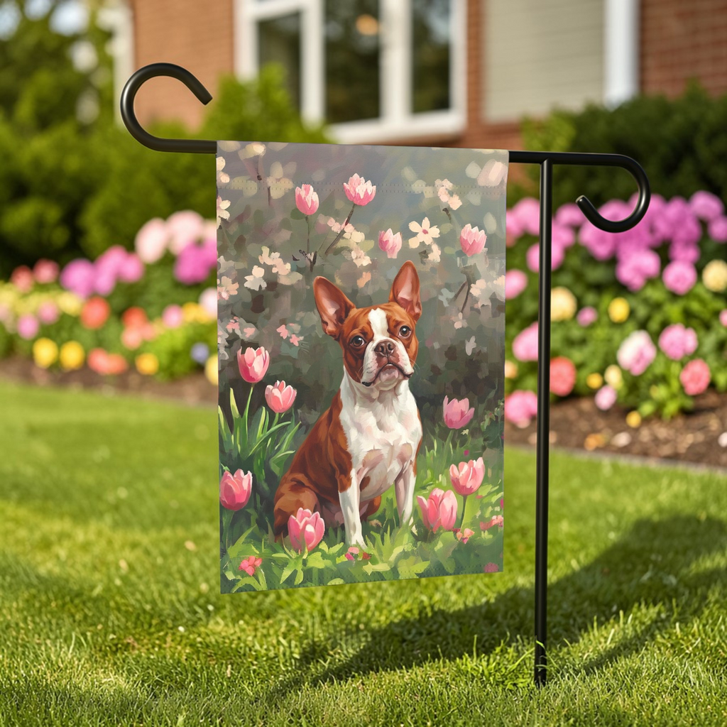 Red Boston Terrier and Pink Tulips Spring Garden Flag - double-sided design - Dragonfire Gardens