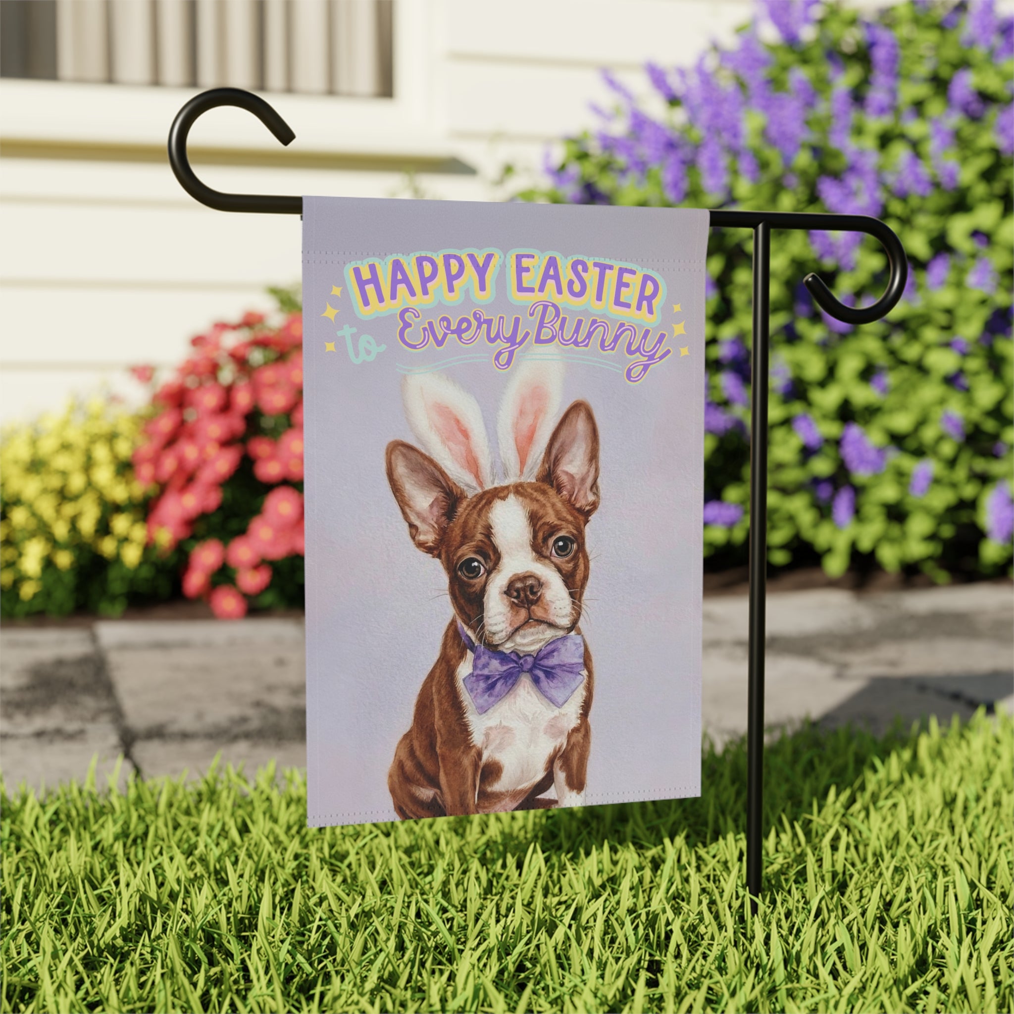 Happy Easter to Every Bunny Red Boston Terrier Garden Flag