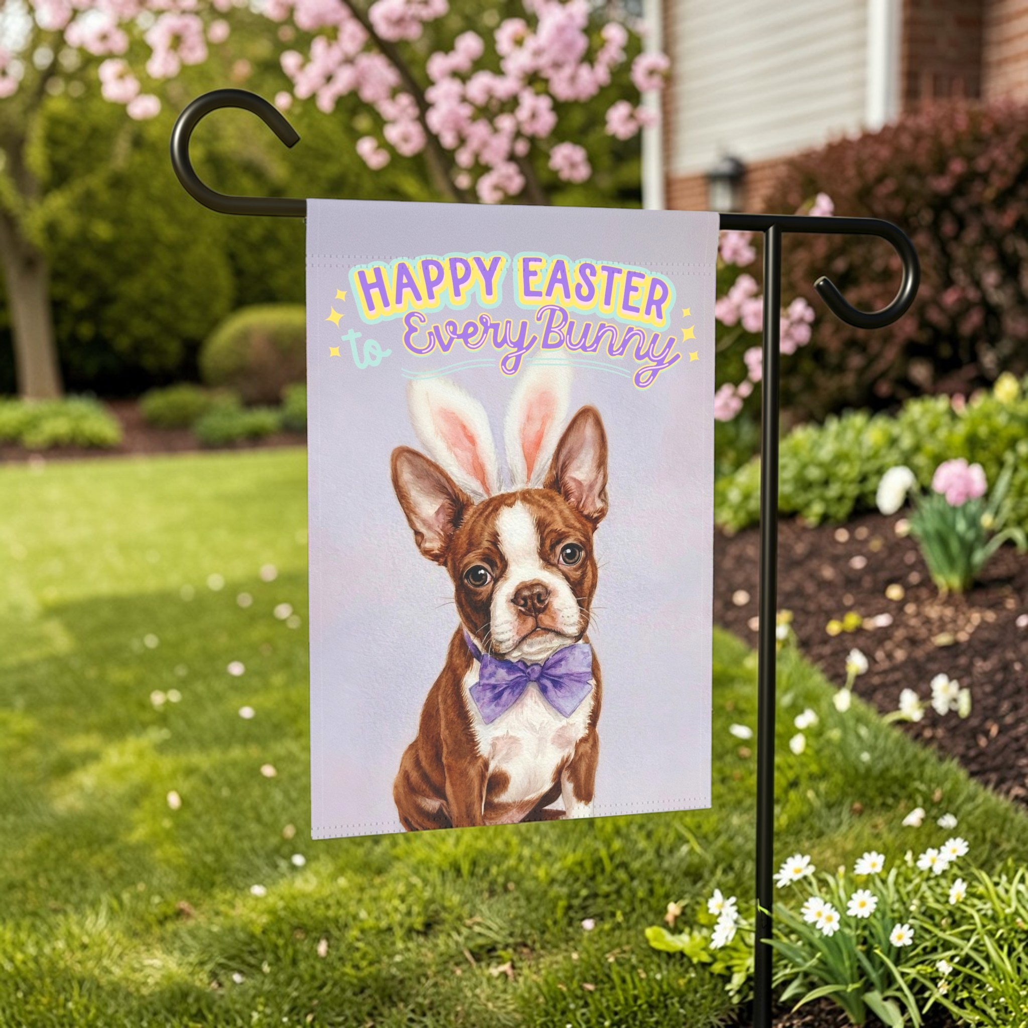 Happy Easter to Every Bunny Red Boston Terrier Garden Flag