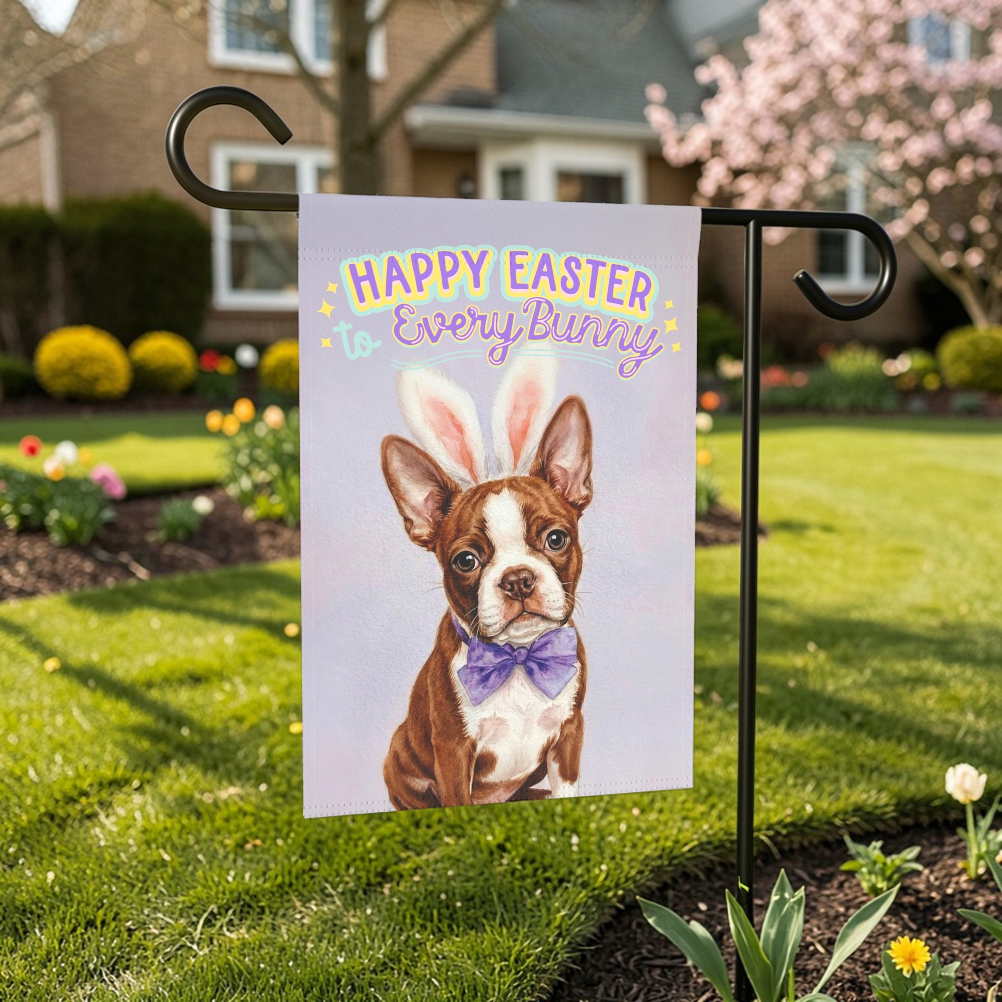 Happy Easter to Every Bunny Red Boston Terrier Garden Flag