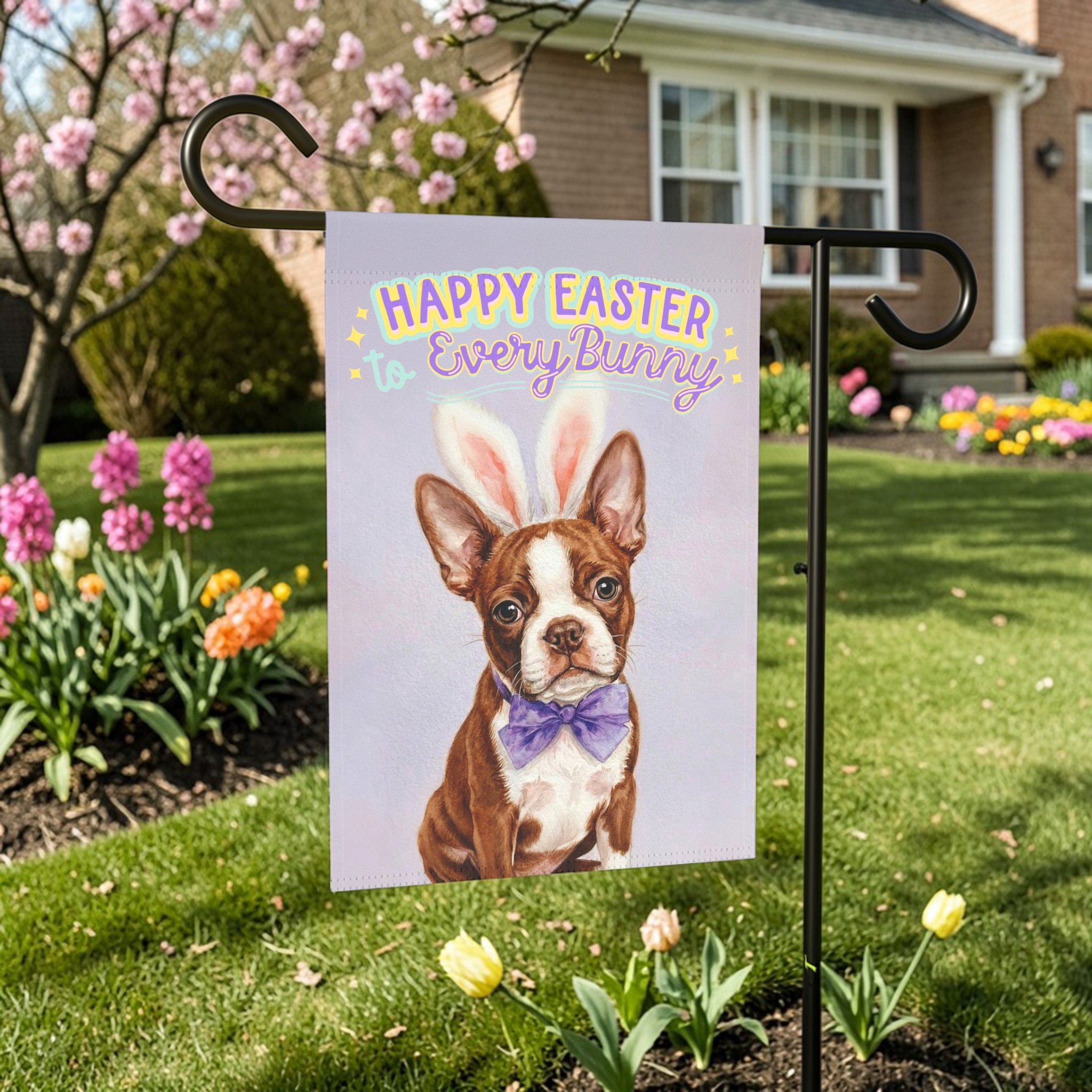 Happy Easter to Every Bunny Red Boston Terrier Garden Flag