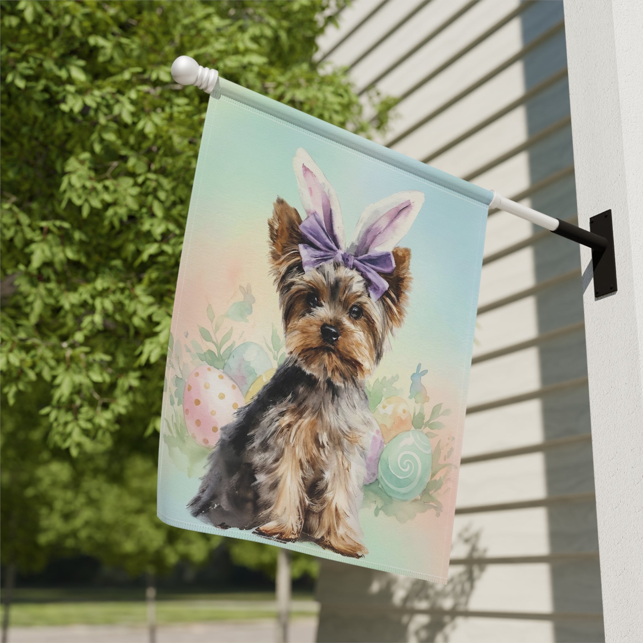 Purple Bow and Bunny Eared Yorkshire Terrier Easter Garden Flag