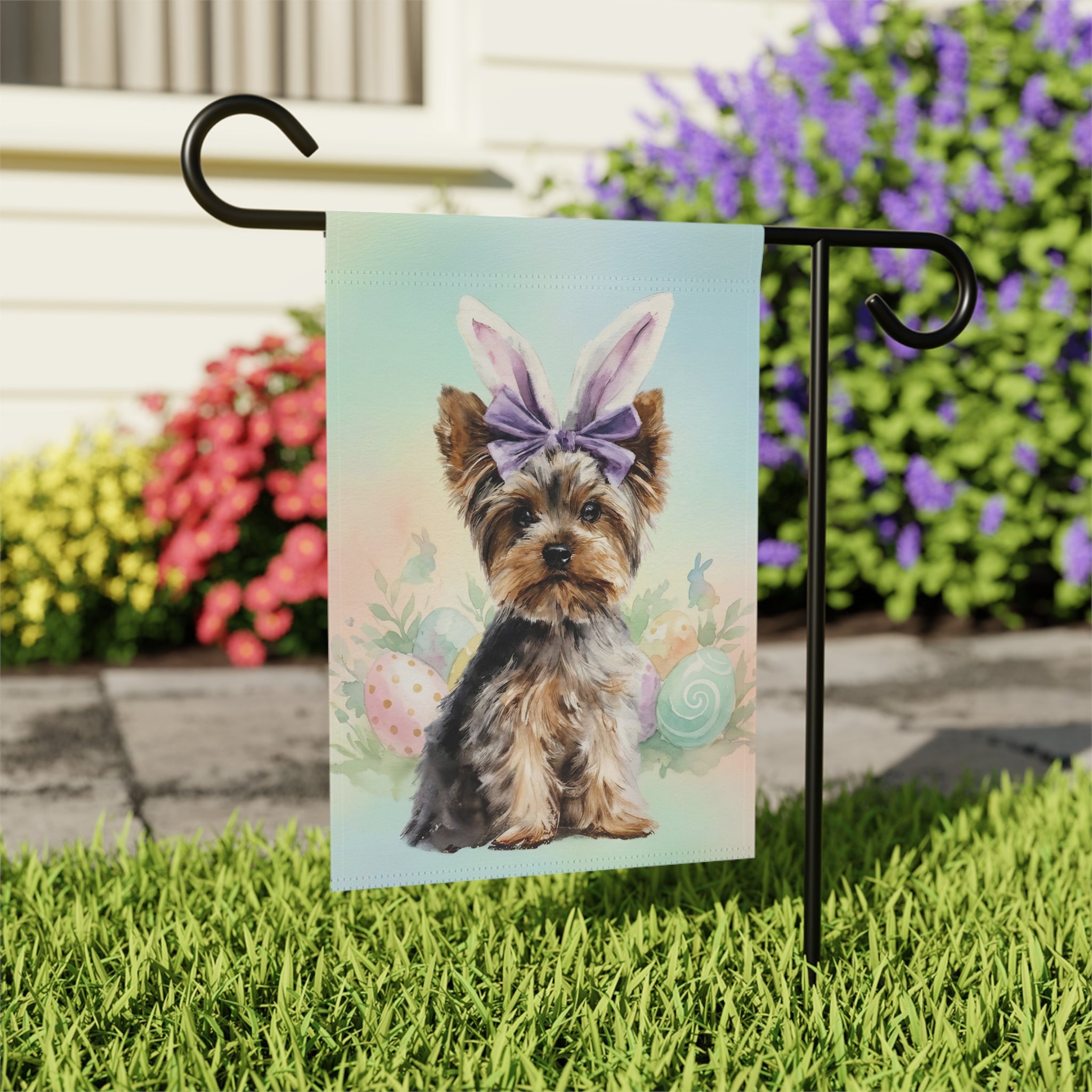 Purple Bow and Bunny Eared Yorkshire Terrier Easter Garden Flag