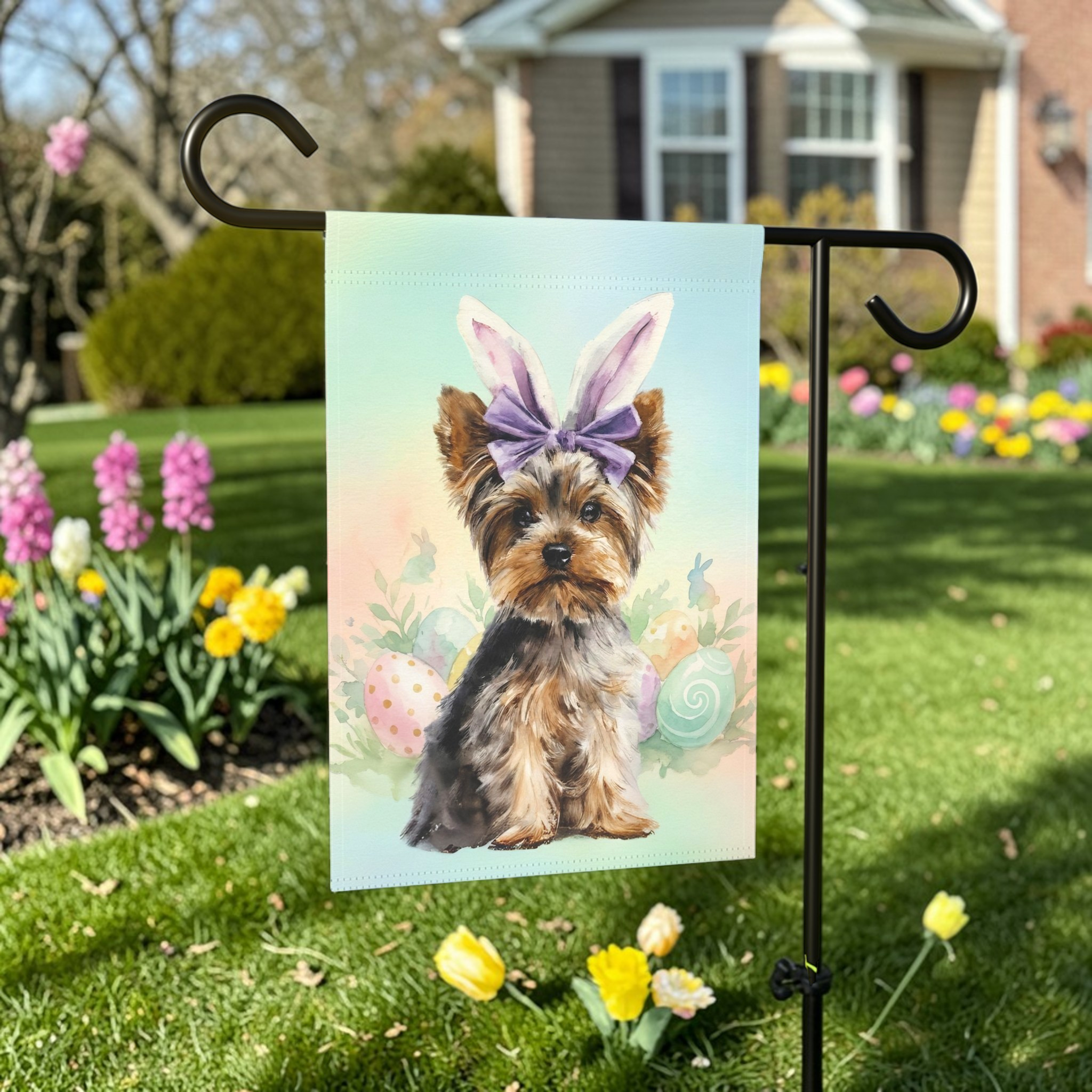 Purple Bow and Bunny Eared Yorkshire Terrier Easter Garden Flag