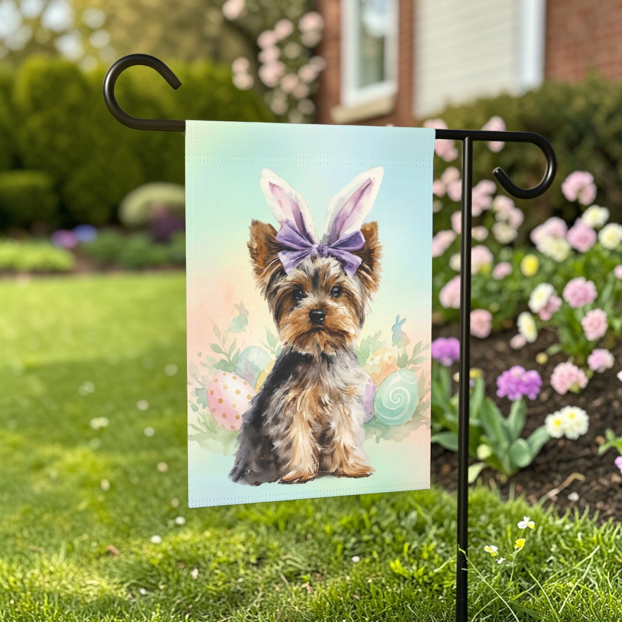 Purple Bow and Bunny Eared Yorkshire Terrier Easter Garden Flag