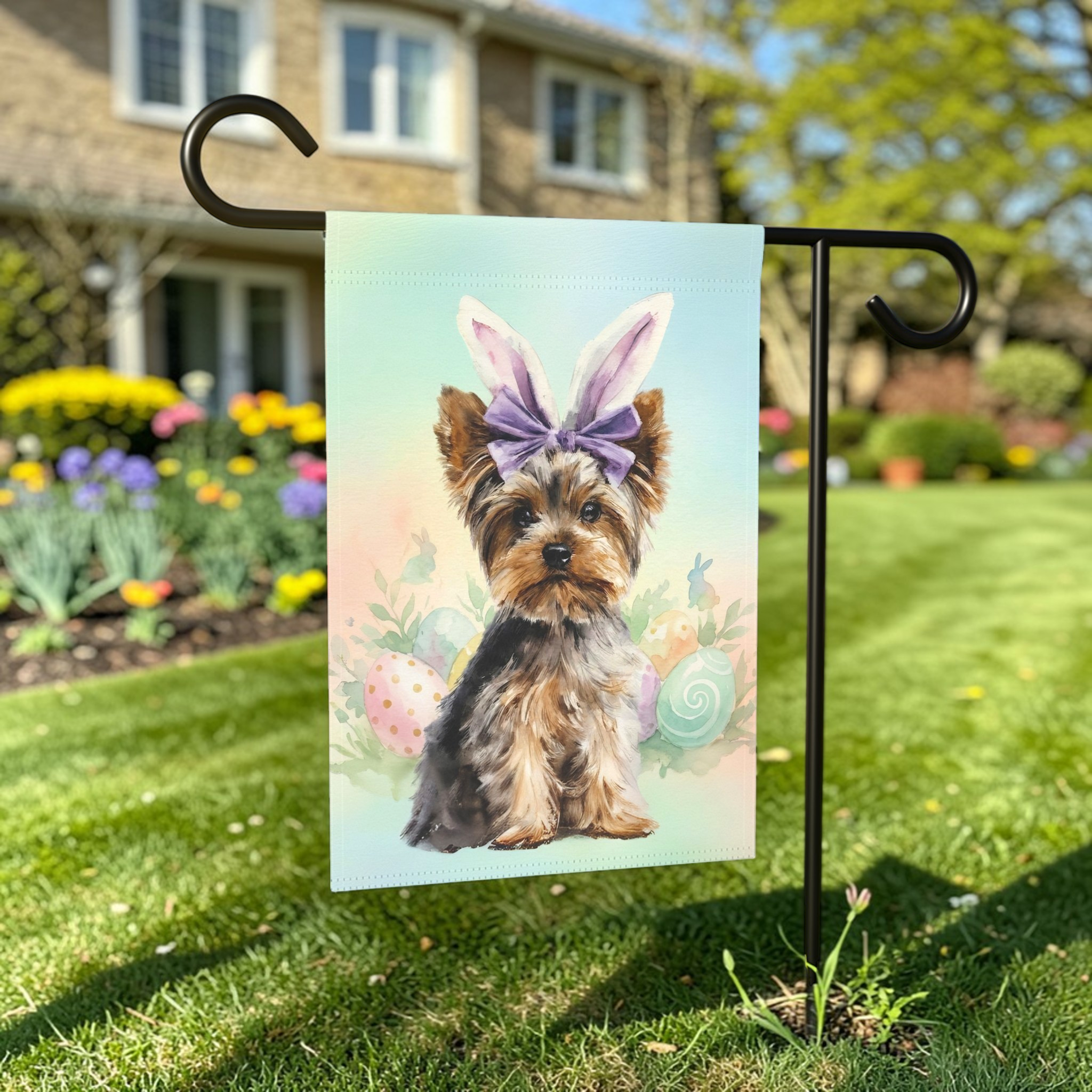 Purple Bow and Bunny Eared Yorkshire Terrier Easter Garden Flag