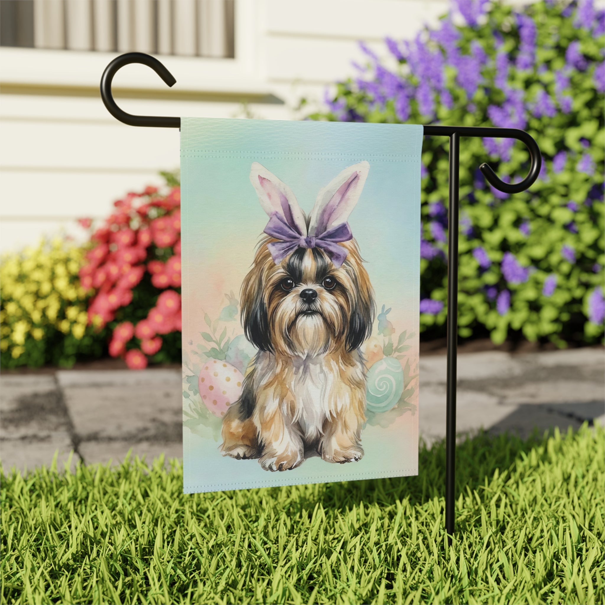 Purple Bow and Bunny Eared Shih Tzu Easter Garden Flag