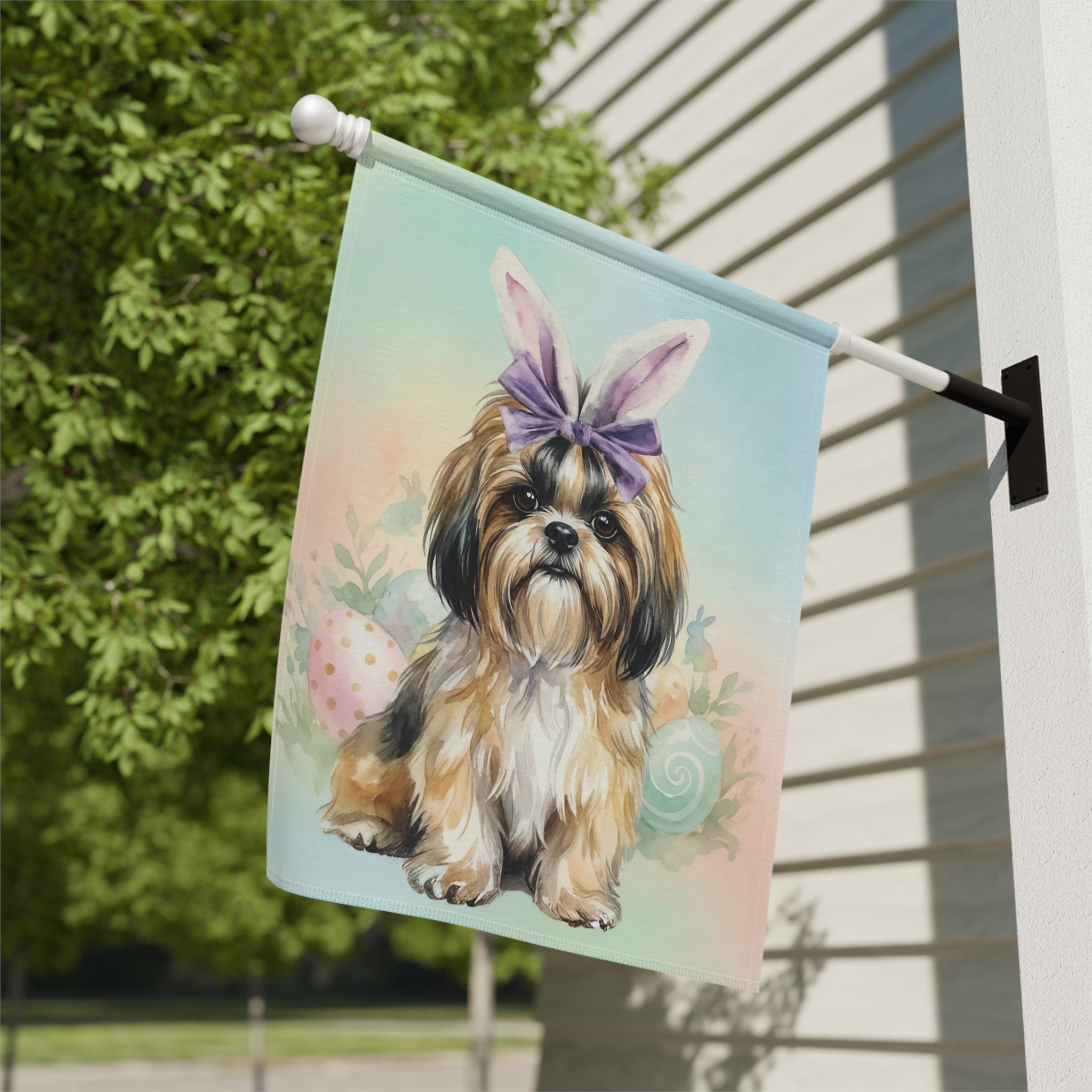 Purple Bow and Bunny Eared Shih Tzu Easter Garden Flag