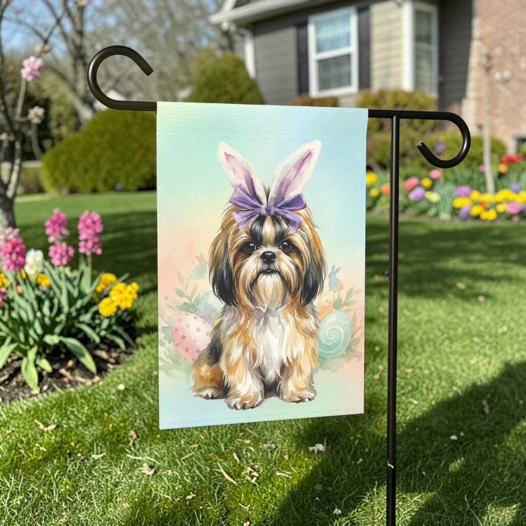 Purple Bow and Bunny Eared Shih Tzu Easter Garden Flag