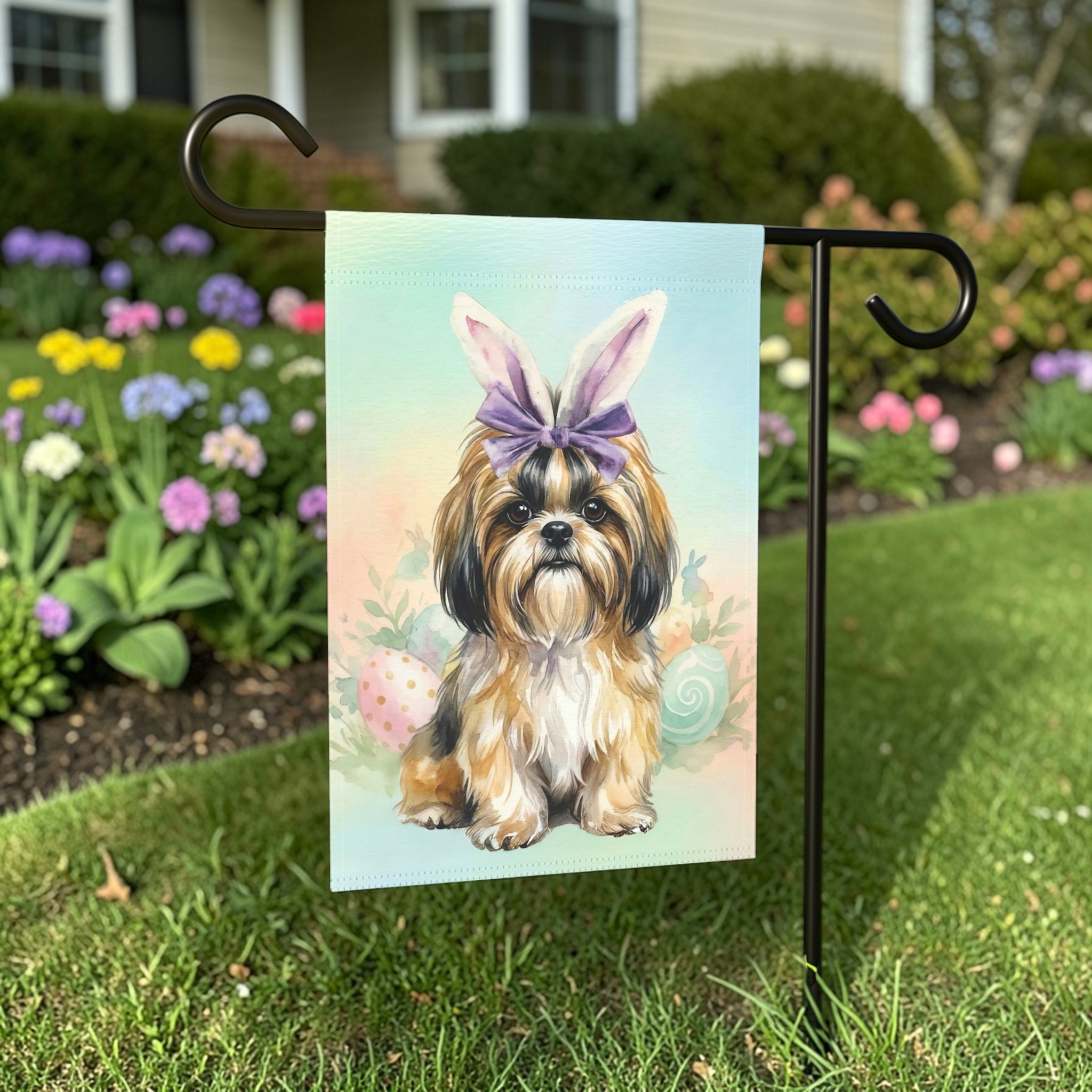 Purple Bow and Bunny Eared Shih Tzu Easter Garden Flag