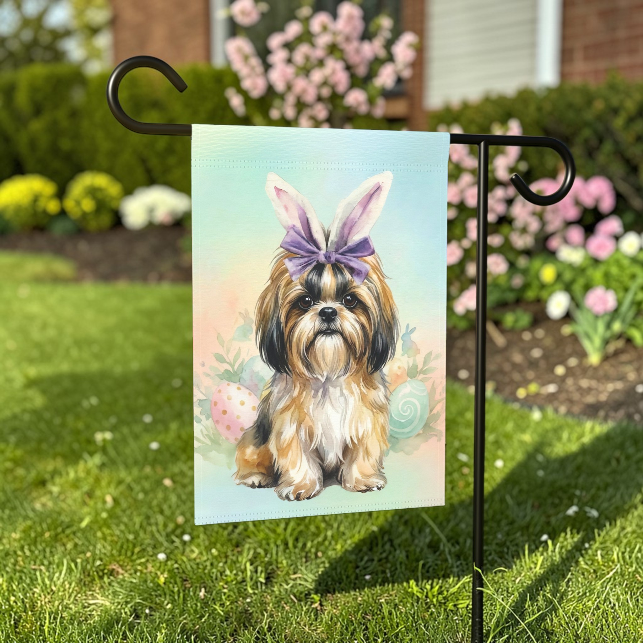 Purple Bow and Bunny Eared Shih Tzu Easter Garden Flag