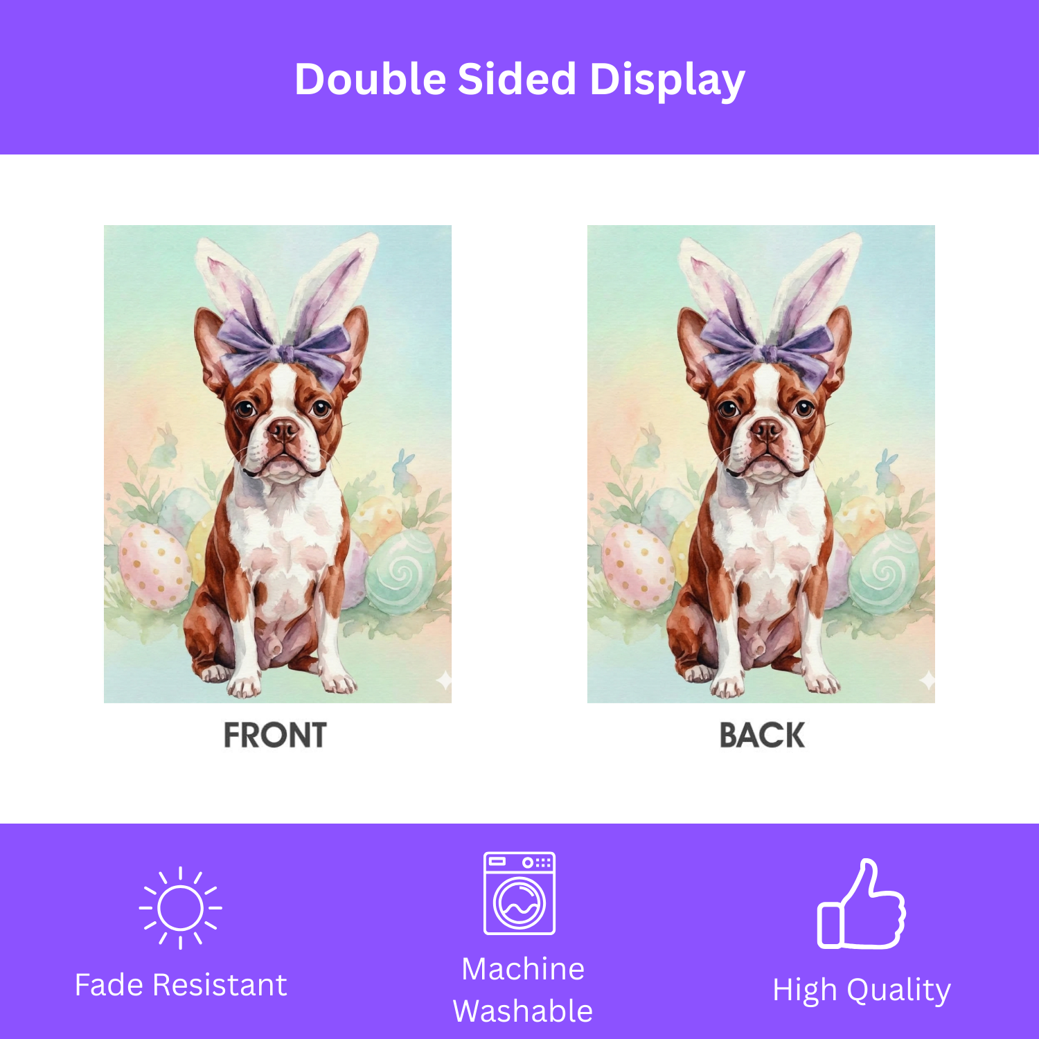 Purple Bow and Bunny Eared Red Boston Terrier Easter Garden Flag
