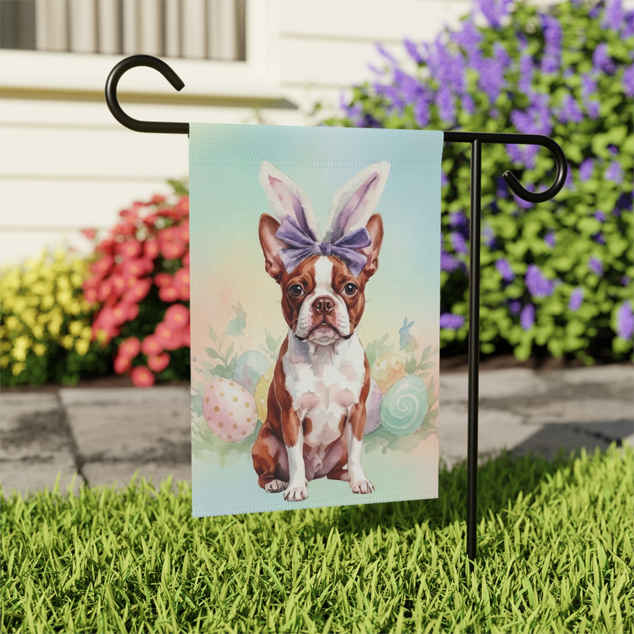 Purple Bow and Bunny Eared Red Boston Terrier Easter Garden Flag