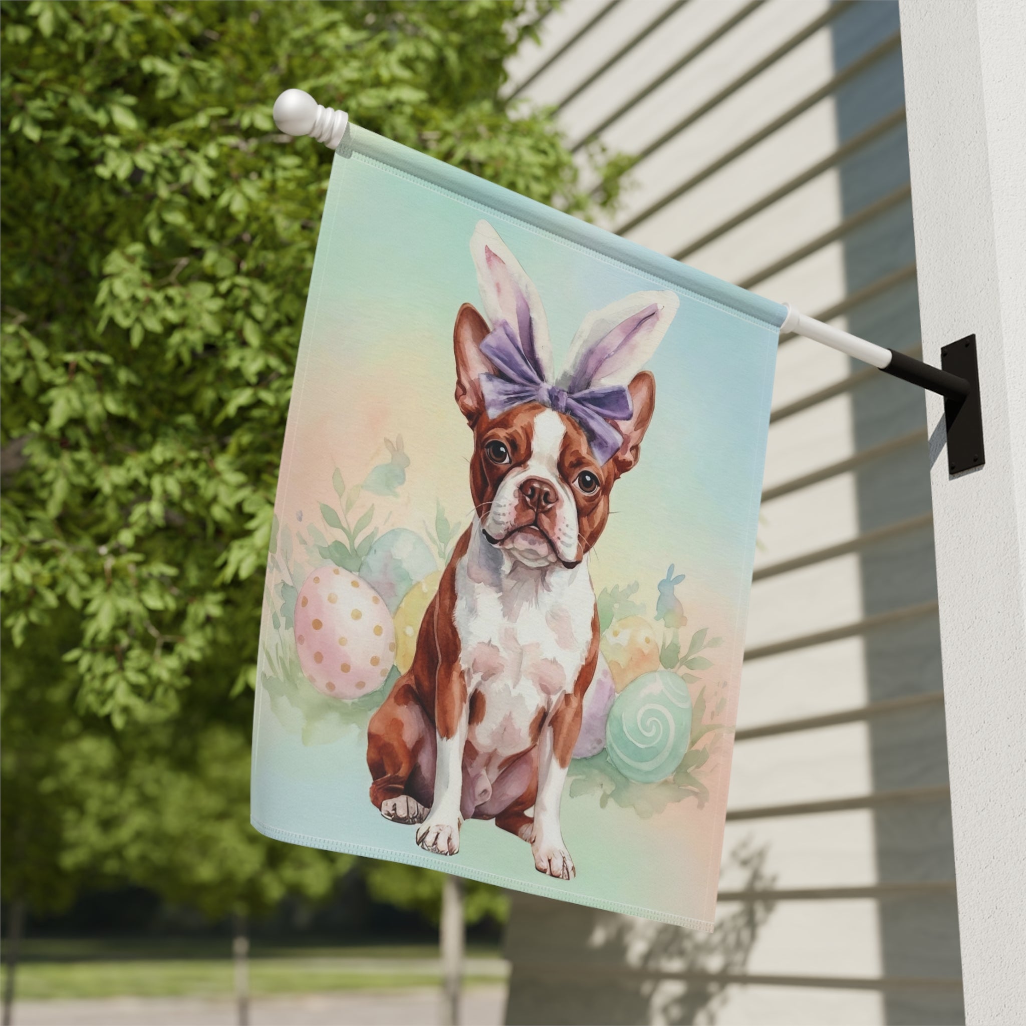 Purple Bow and Bunny Eared Red Boston Terrier Easter Garden Flag