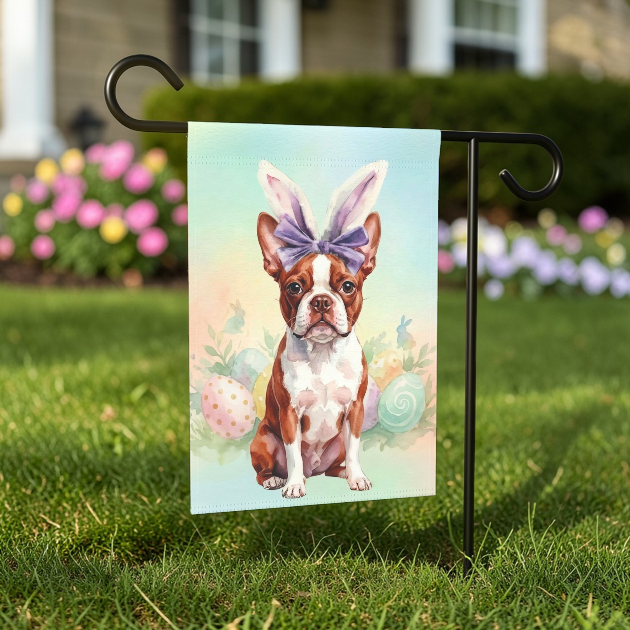 Purple Bow and Bunny Eared Red Boston Terrier Easter Garden Flag