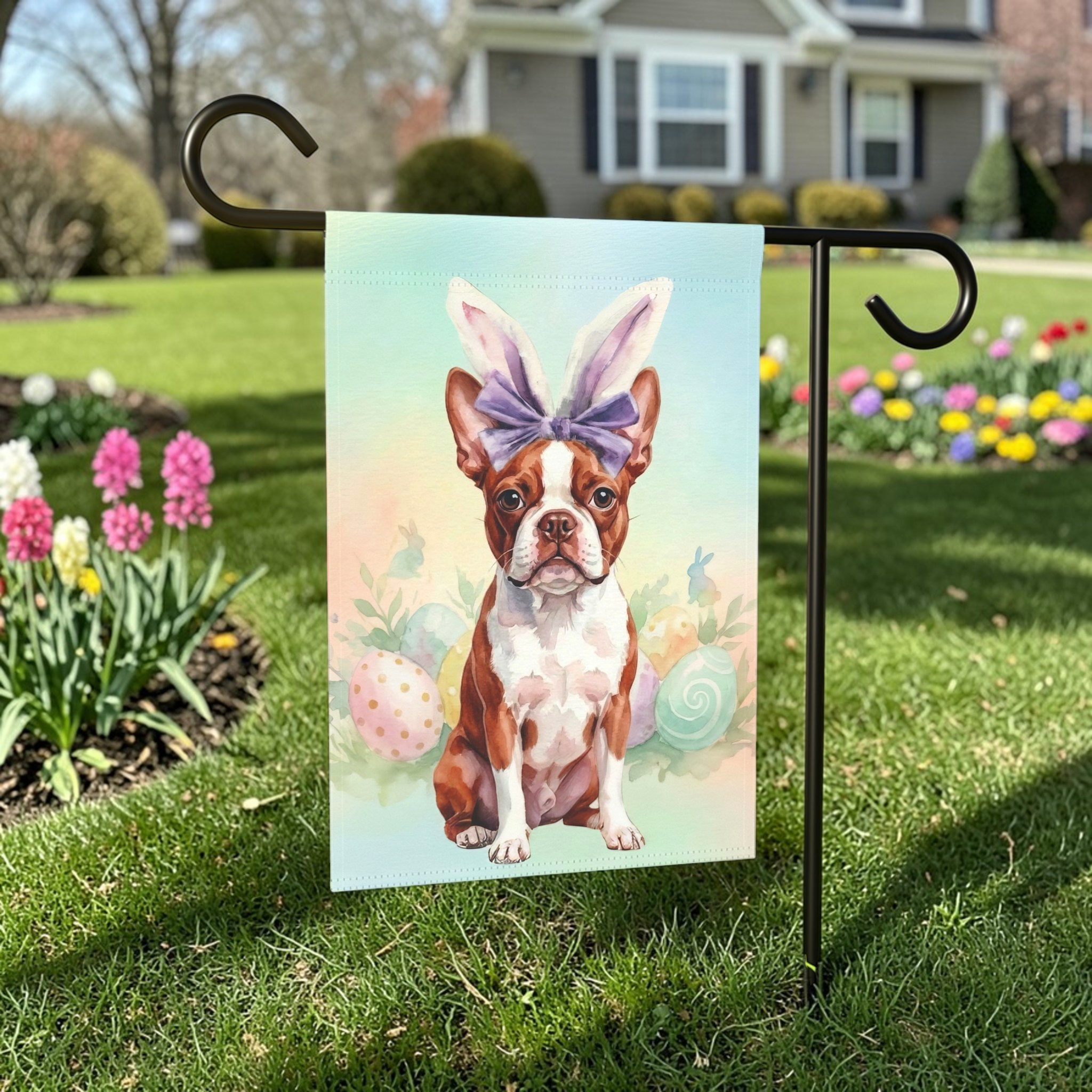 Purple Bow and Bunny Eared Red Boston Terrier Easter Garden Flag