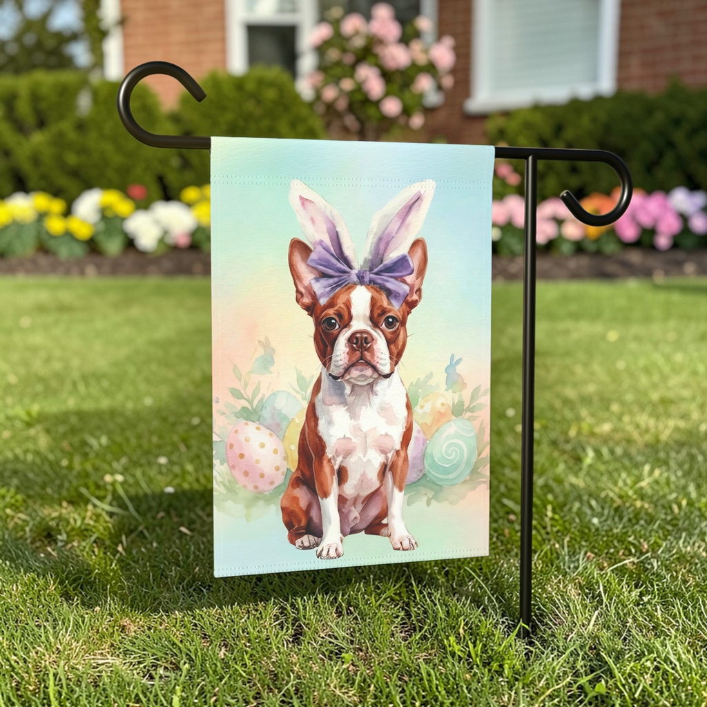 Purple Bow and Bunny Eared Red Boston Terrier Easter Garden Flag