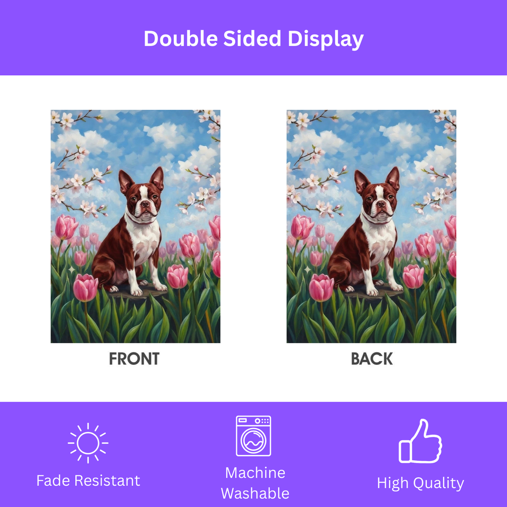 Pink Tulip Red Boston Terrier Garden Flag - size comparison - Dragonfire Gardens