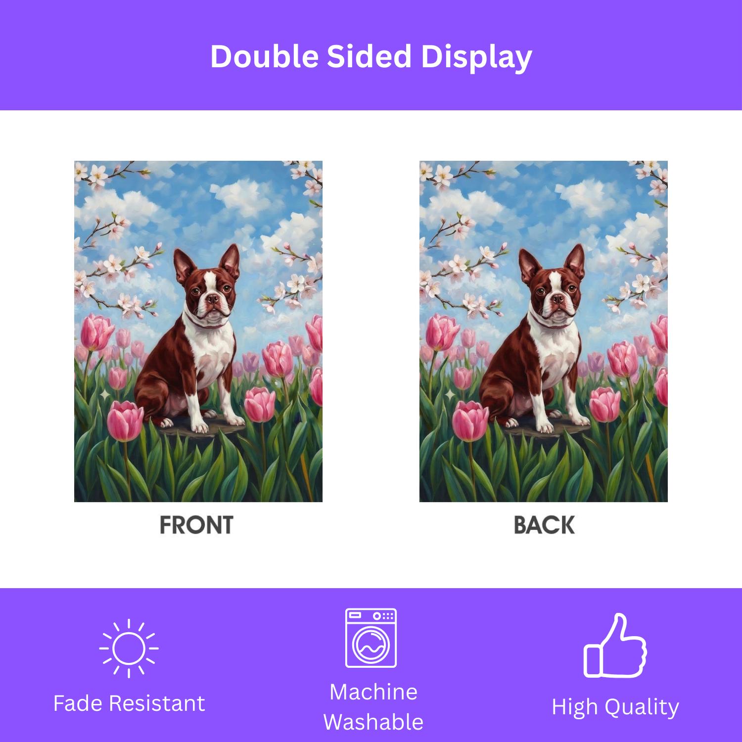 Pink Tulip Red Boston Terrier Garden Flag - size comparison - Dragonfire Gardens