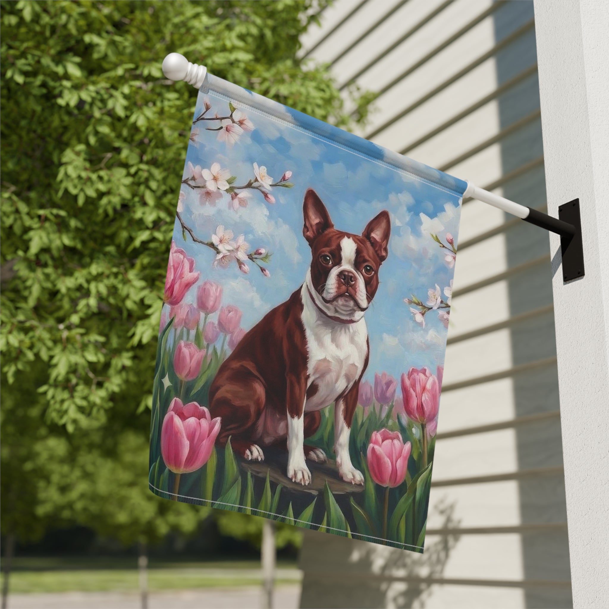 Pink Tulip Red Boston Terrier Garden Flag - close-up detail - Dragonfire Gardens
