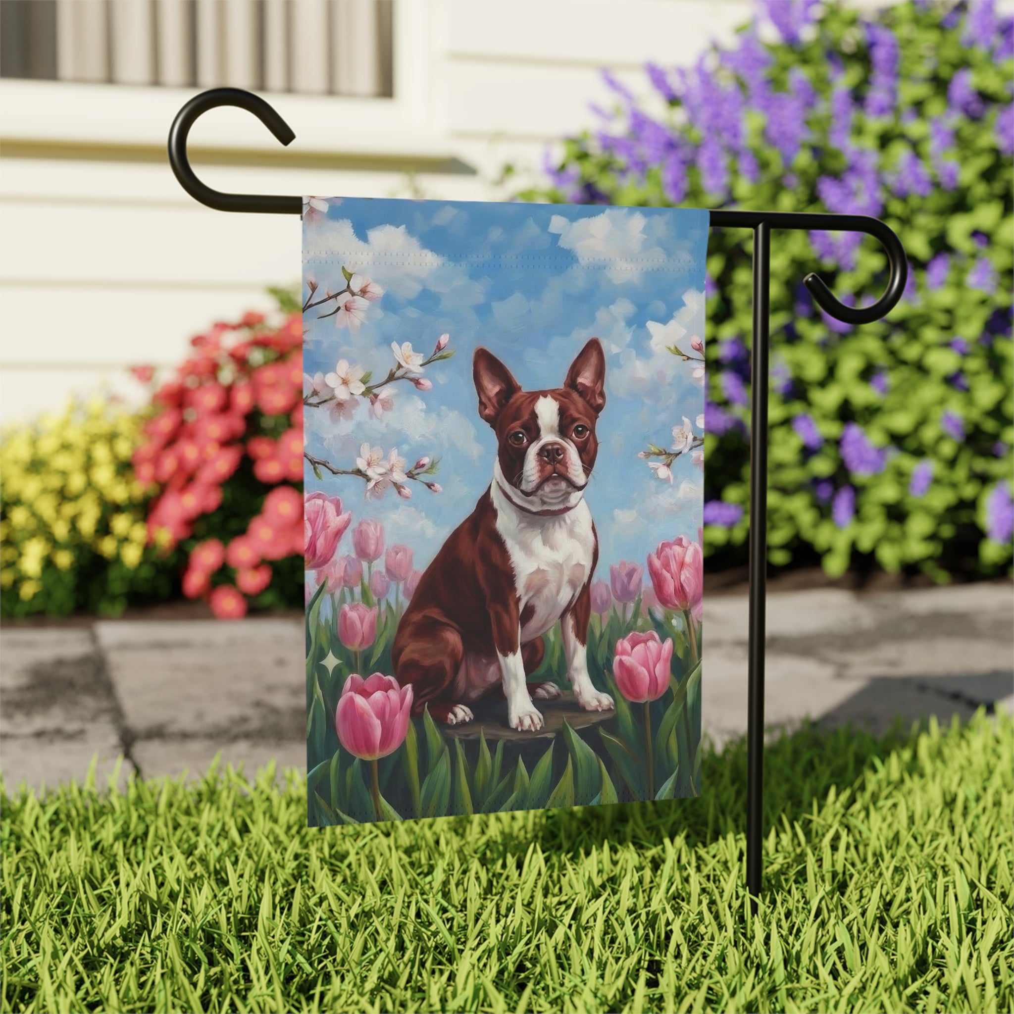 Pink Tulip Red Boston Terrier Garden Flag - outdoor display - Dragonfire Gardens