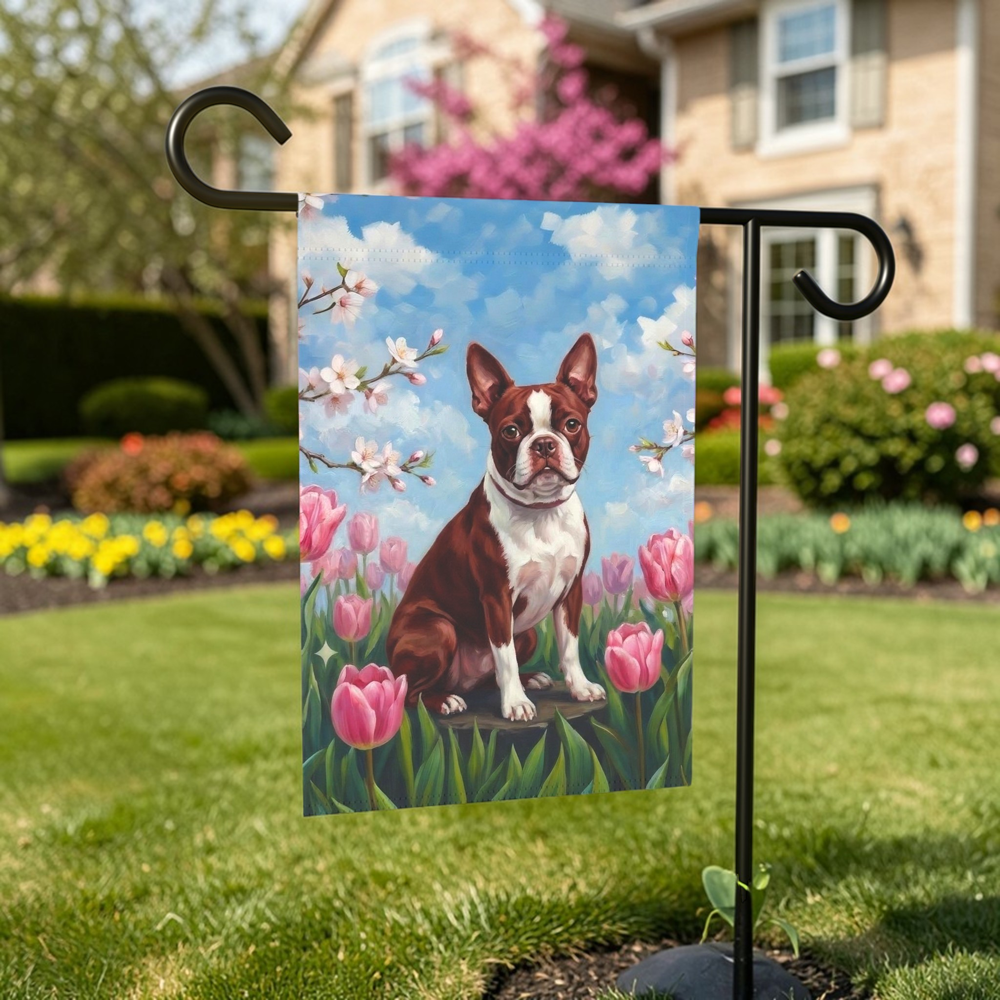 Pink Tulip Red Boston Terrier Garden Flag - lifestyle display - Dragonfire Gardens