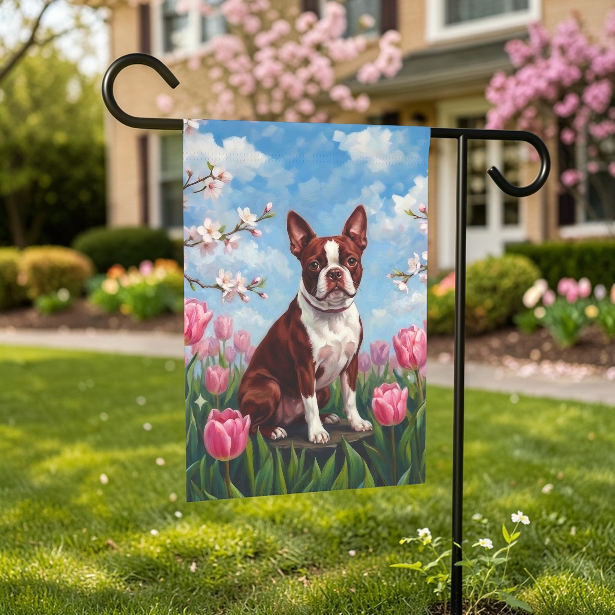 Pink Tulip Red Boston Terrier Garden Flag - porch decor - Dragonfire Gardens