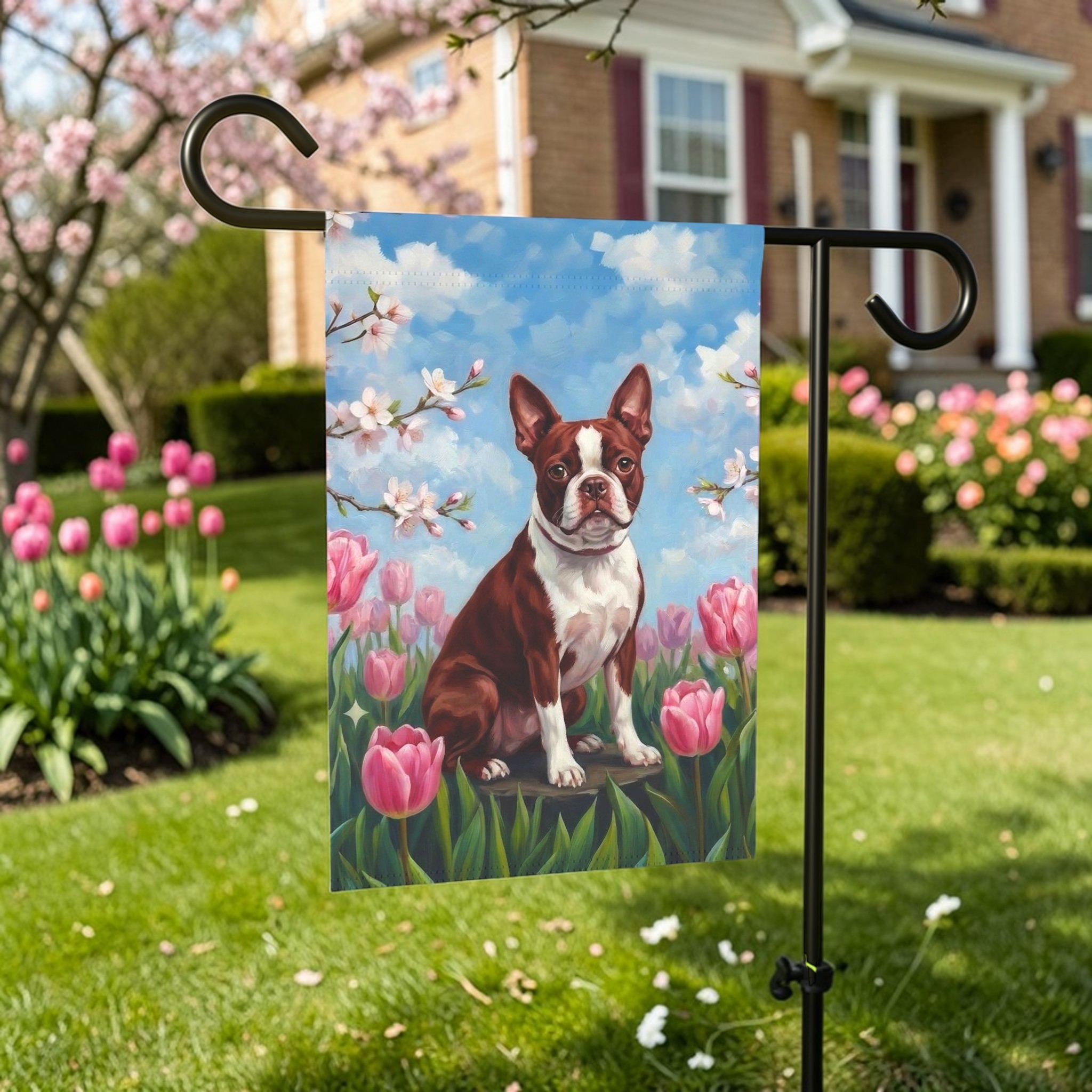 Pink Tulip Red Boston Terrier Garden Flag - front view - Dragonfire Gardens