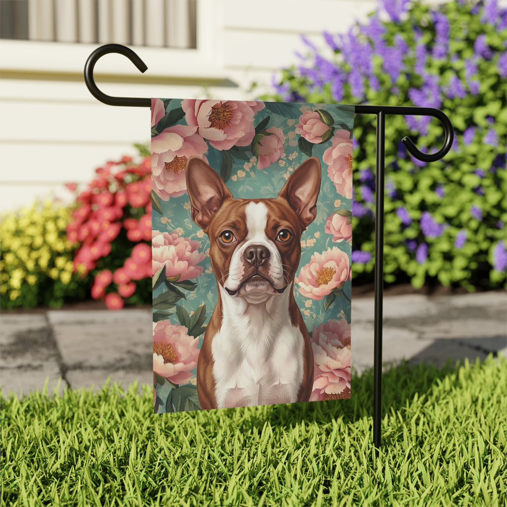 Pink Peony Red Boston Terrier Garden Flag - outdoor display - Dragonfire Gardens
