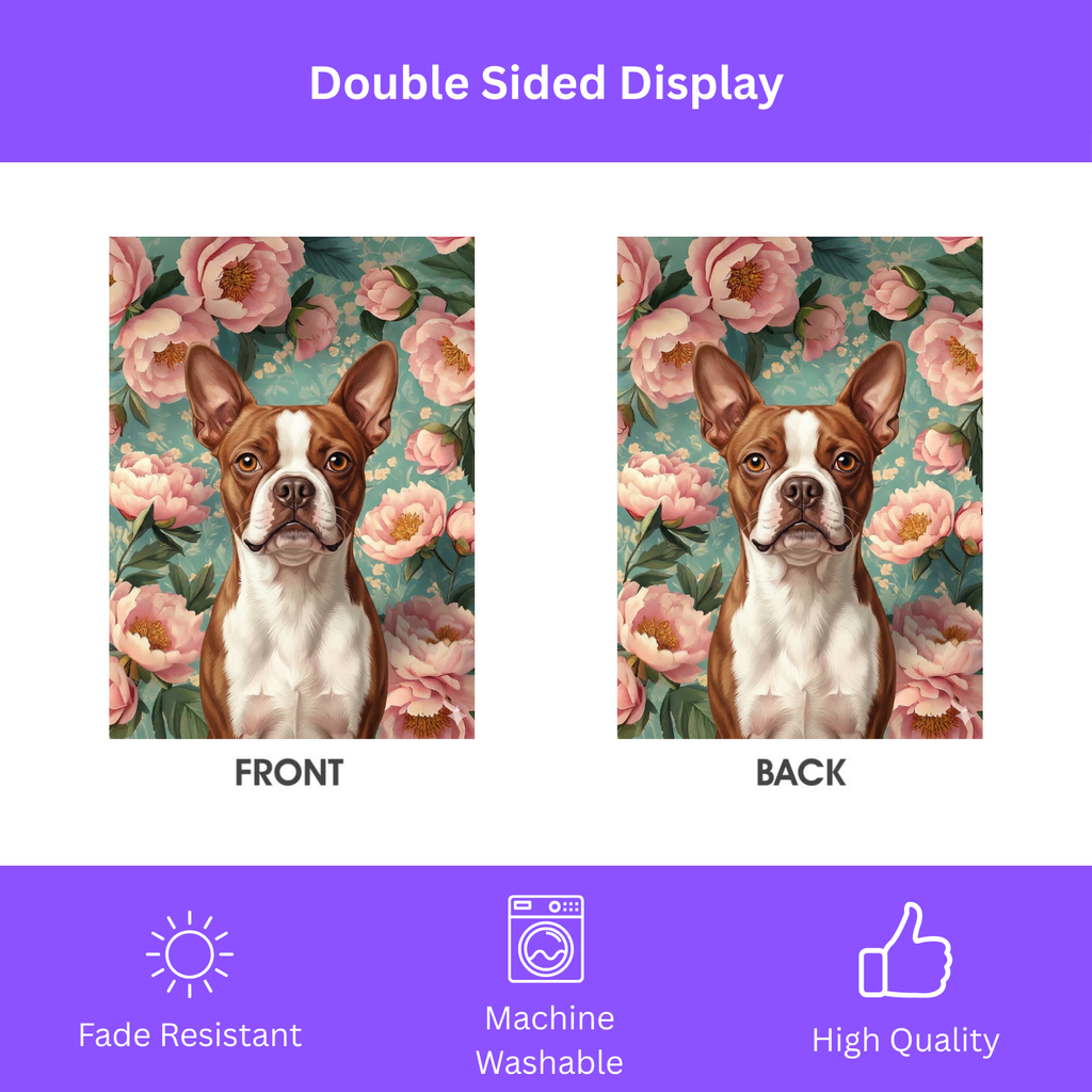 Pink Peony Red Boston Terrier Garden Flag - yard display - Dragonfire Gardens