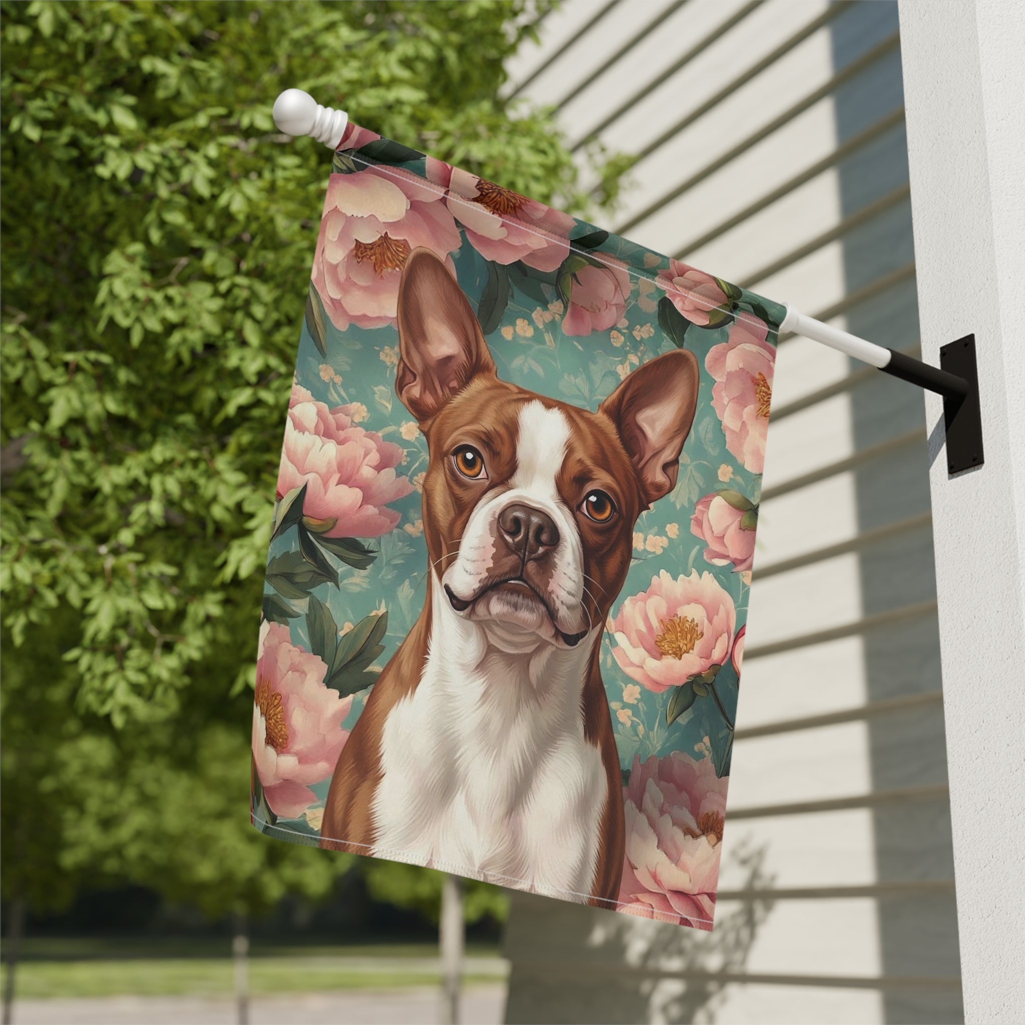 Pink Peony Red Boston Terrier Garden Flag - close-up detail - Dragonfire Gardens