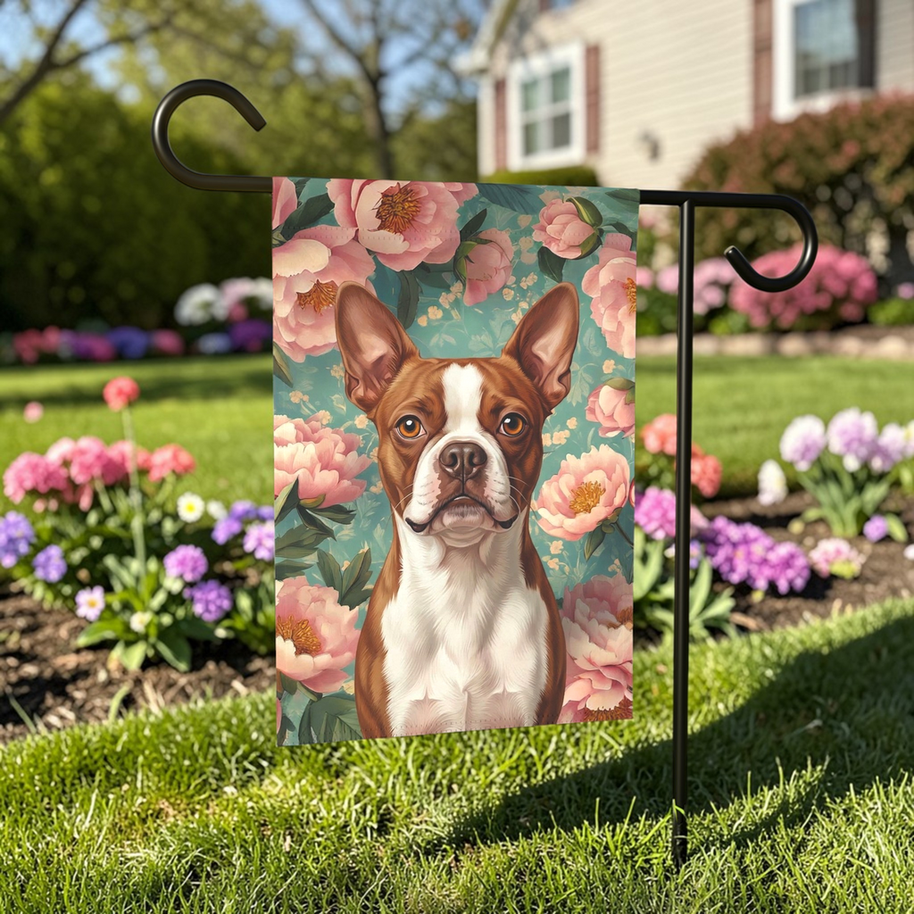Pink Peony Red Boston Terrier Garden Flag - size comparison - Dragonfire Gardens