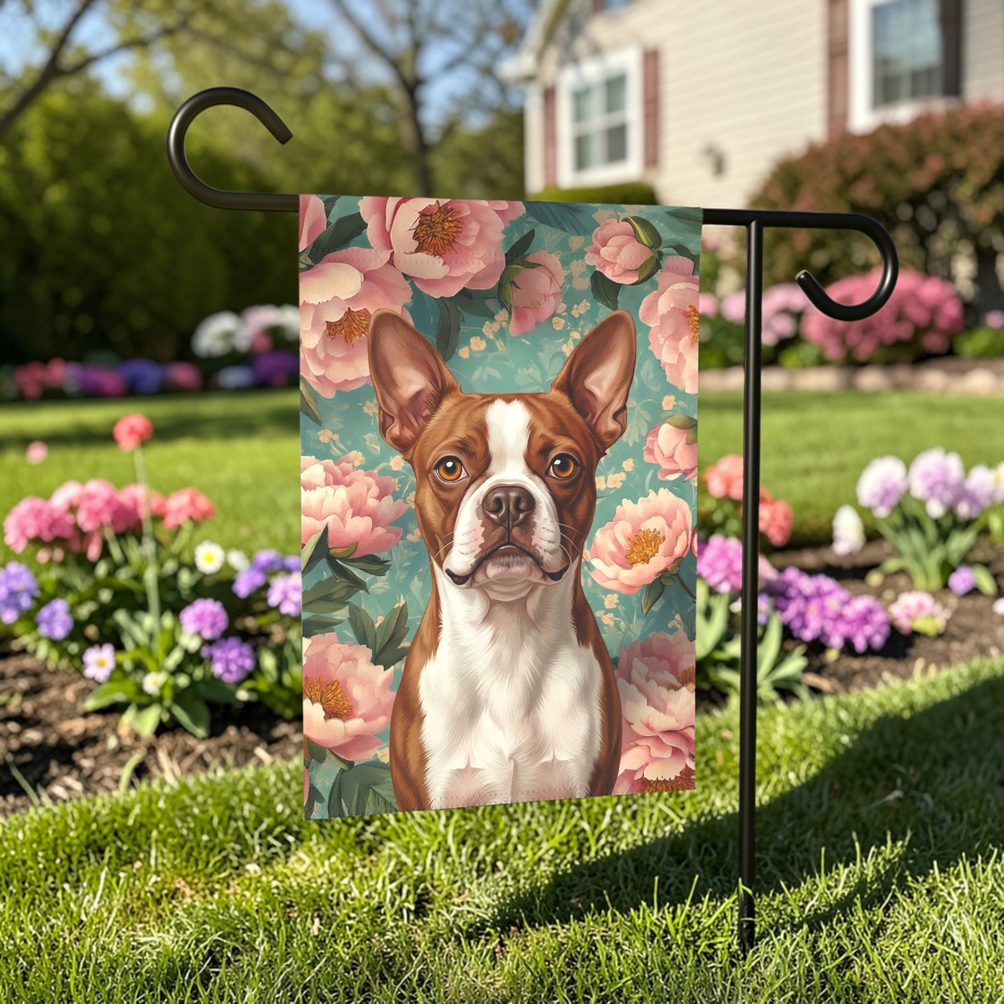 Pink Peony Red Boston Terrier Garden Flag - size comparison - Dragonfire Gardens